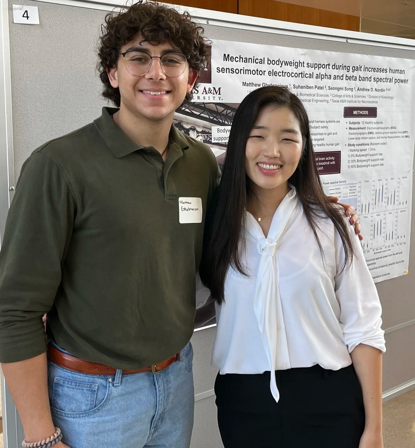Matthew Ghebranious (left) and Seongmi Song (right) presenting their research at the 2022 Texas A&M University Chapter, Society for Neuroscience Winter Symposium.