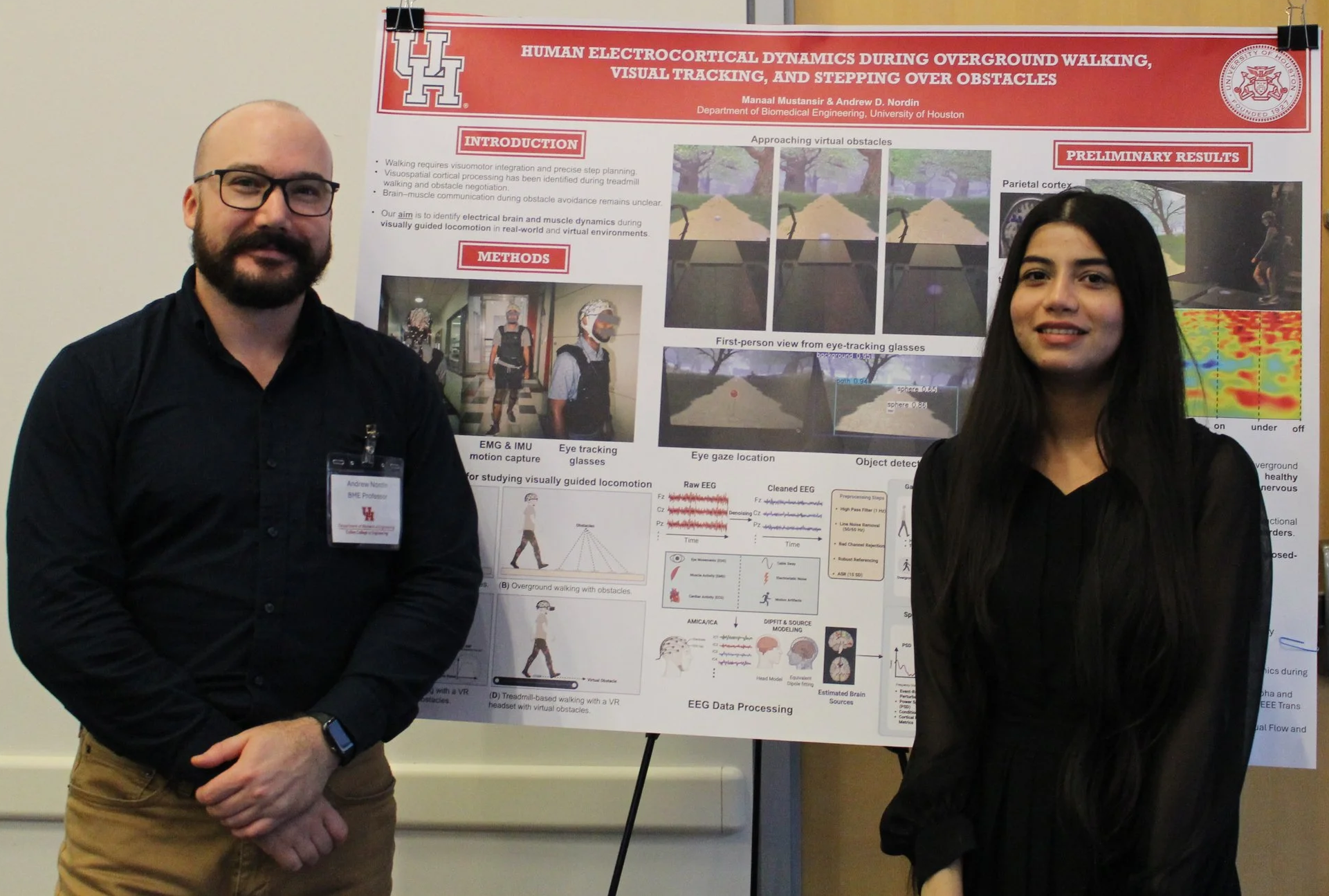 Dr. Andrew Nordin and Manaal Mustansir presenting research at 2026 Biomedical Engineering Day at the University of Houston (April 24, 2026).