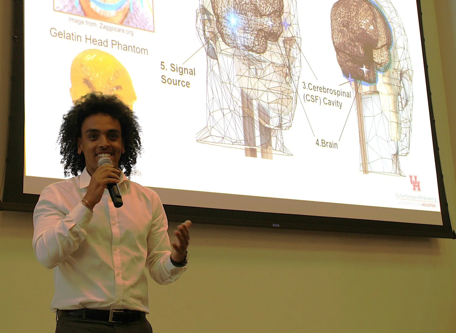 Bereket Mego during the 3-minute thesis presentation at 2026 BME Day at the University of Houston (April 24, 2026).