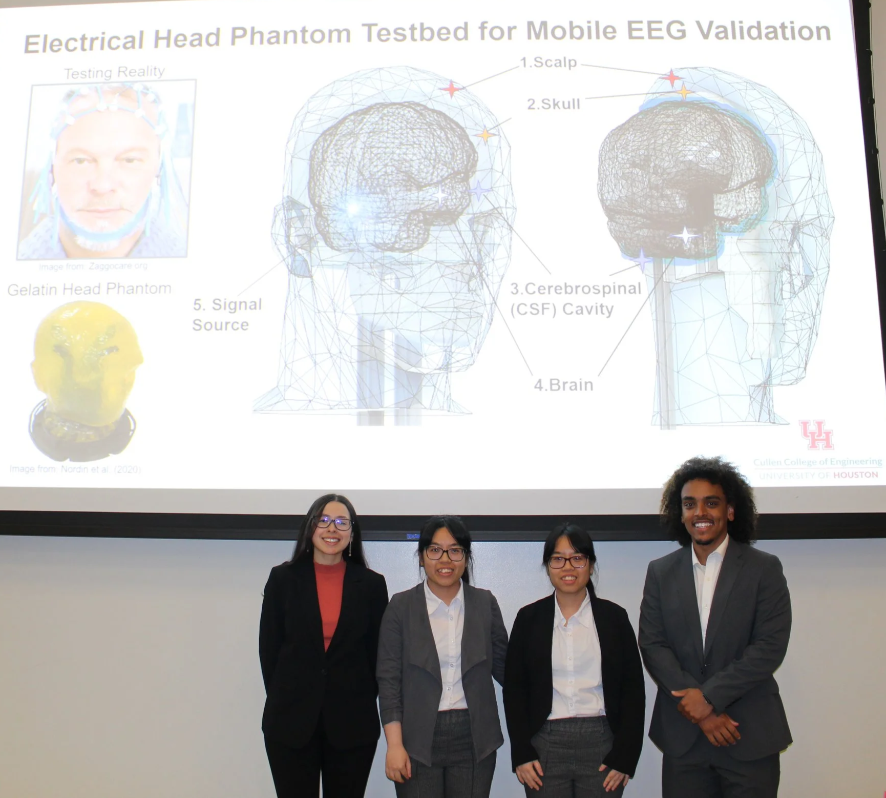Biomedical Engineering Undergraduate Capstone Project Team Members (left to right) Josseby Davila Lacruz, Sue & Susan Nguyen, and Bereket Mego presenting their 3-minute thesis at 2026 BME Day at the University of Houston (April 24, 2026).