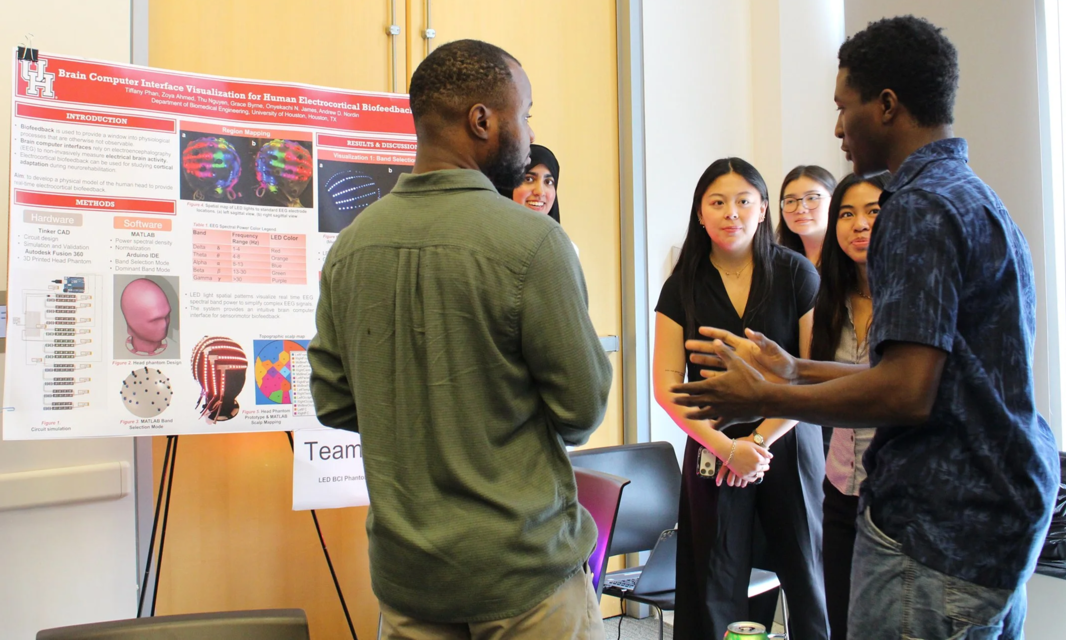 Onyekachi James (left) and Biomedical Engineering Undergraduate Capstone Project Team Members (background left to right: Zoya Ahmed, Grace Byrne, Thu Nguyen, and Tiffany Phan) presenting research at 2026 BME Day at the University of Houston (April 24