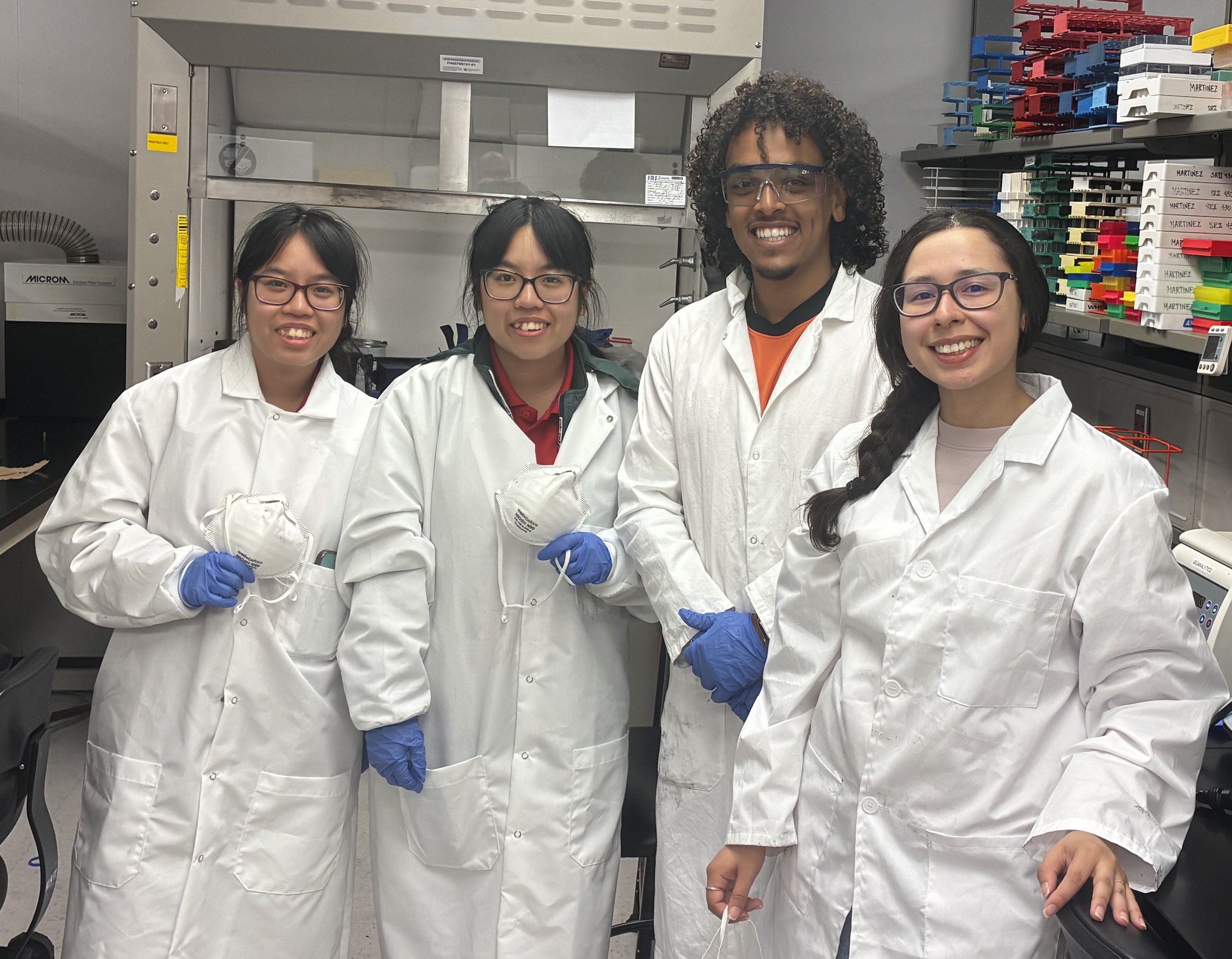 2025-26 University of Houston Biomedical Engineering Undergraduate Capstone Research Team preparing material testing (left to right: Sue & Susan Nguyen, Bereket Mego, and Josseby Davila Lacruz)