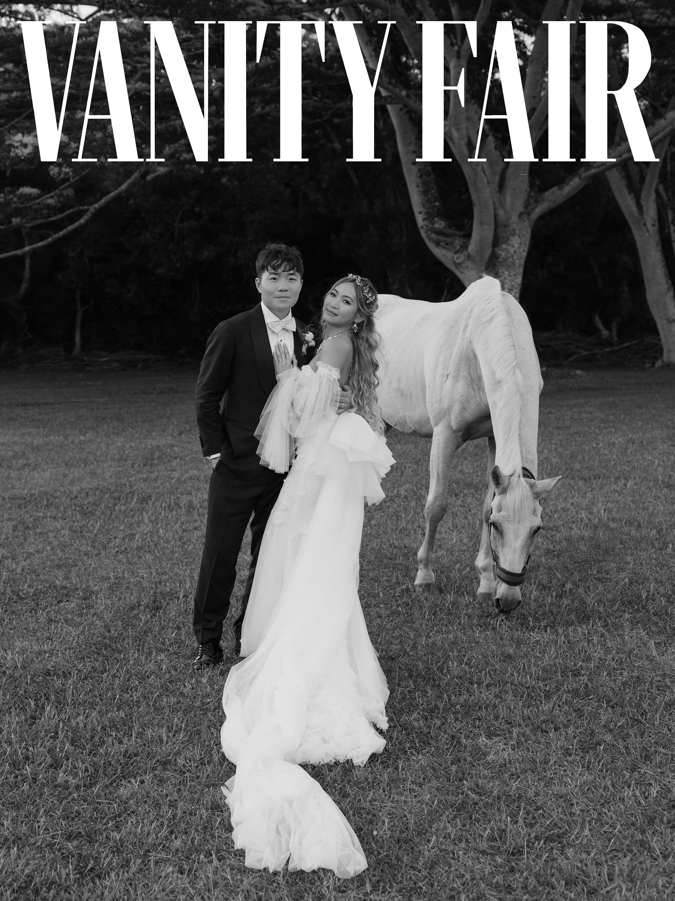 Featured in Vanity Fair image of a bride and groom with a horse at the sunset ranch , north shore of Oahu hawaii