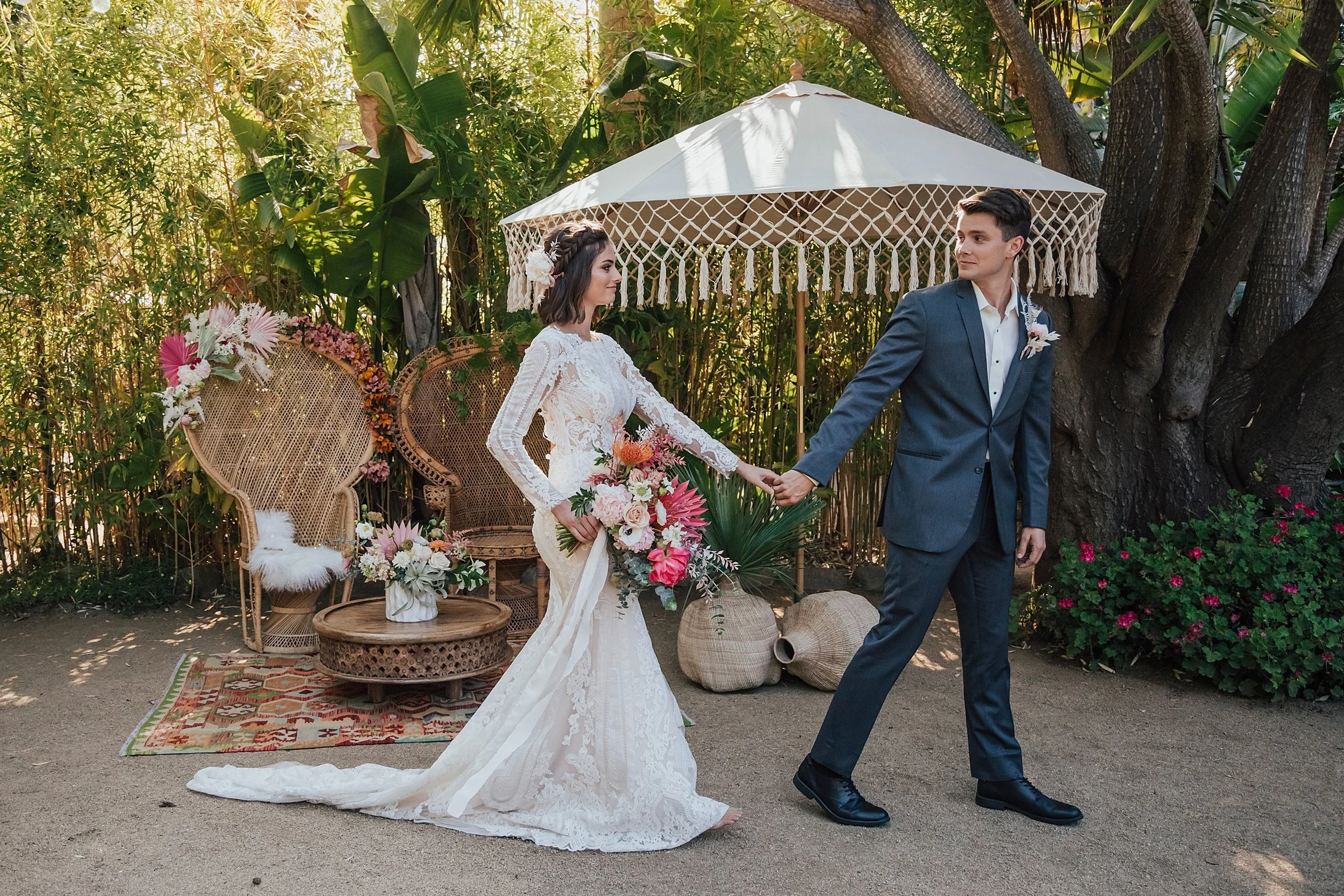 Bride and groom portraits captured in lush forest setting at the beautiful Holly Farms at Carmel Valley 