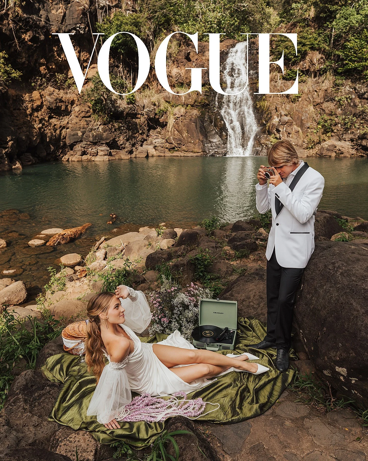 Fine art photography featured in Vogue and Vanity Fair Couple picnic by the waterfall at Waimea hawaii on the north shore of Oahu