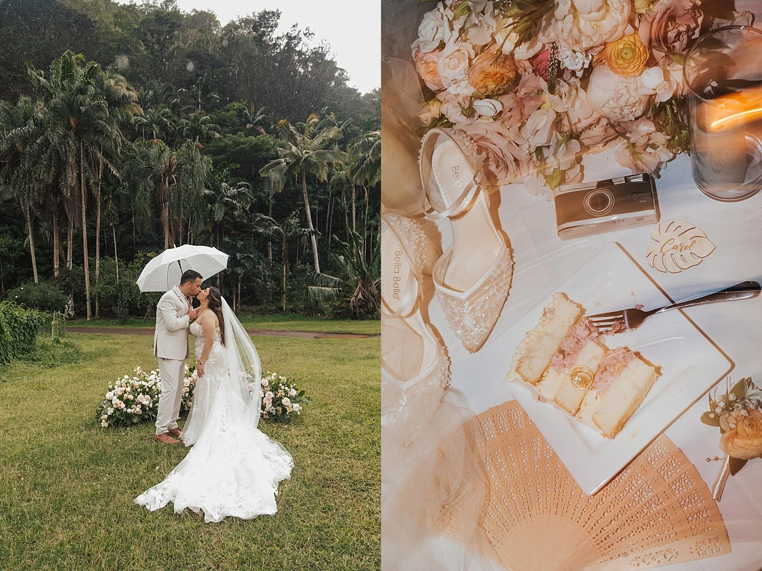     Luxury Hawaii wedding details featuring designer shoes, vintage camera, floral styling, and elegant reception decor