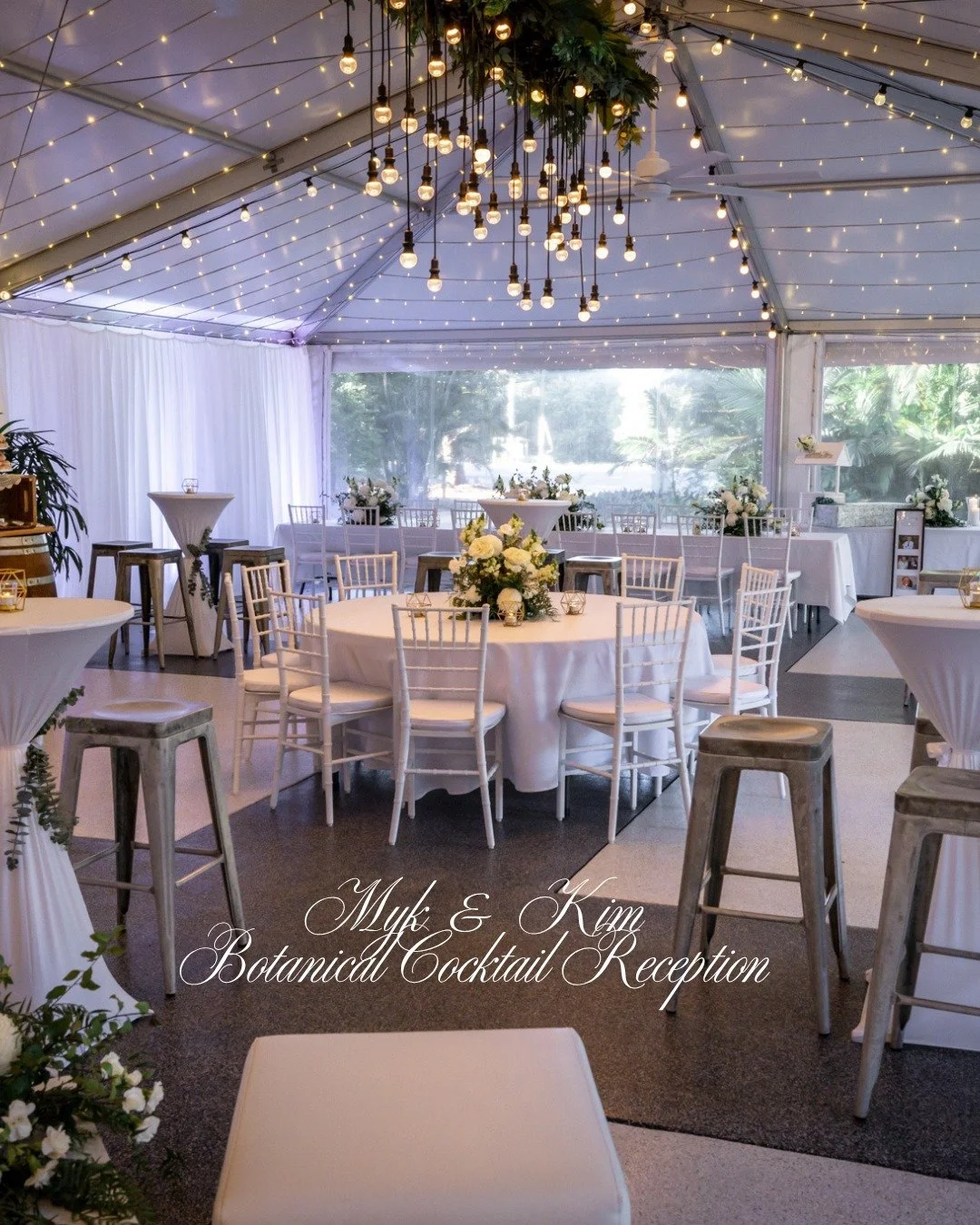 Mykaela & Kim’s wedding was all about effortless elegance, laughter, and love. 💍✨
Their Botanical Cocktail Reception glowed beneath a canopy of fairy lights, surrounded by crisp white florals, lush greenery, and the warmth of family and f