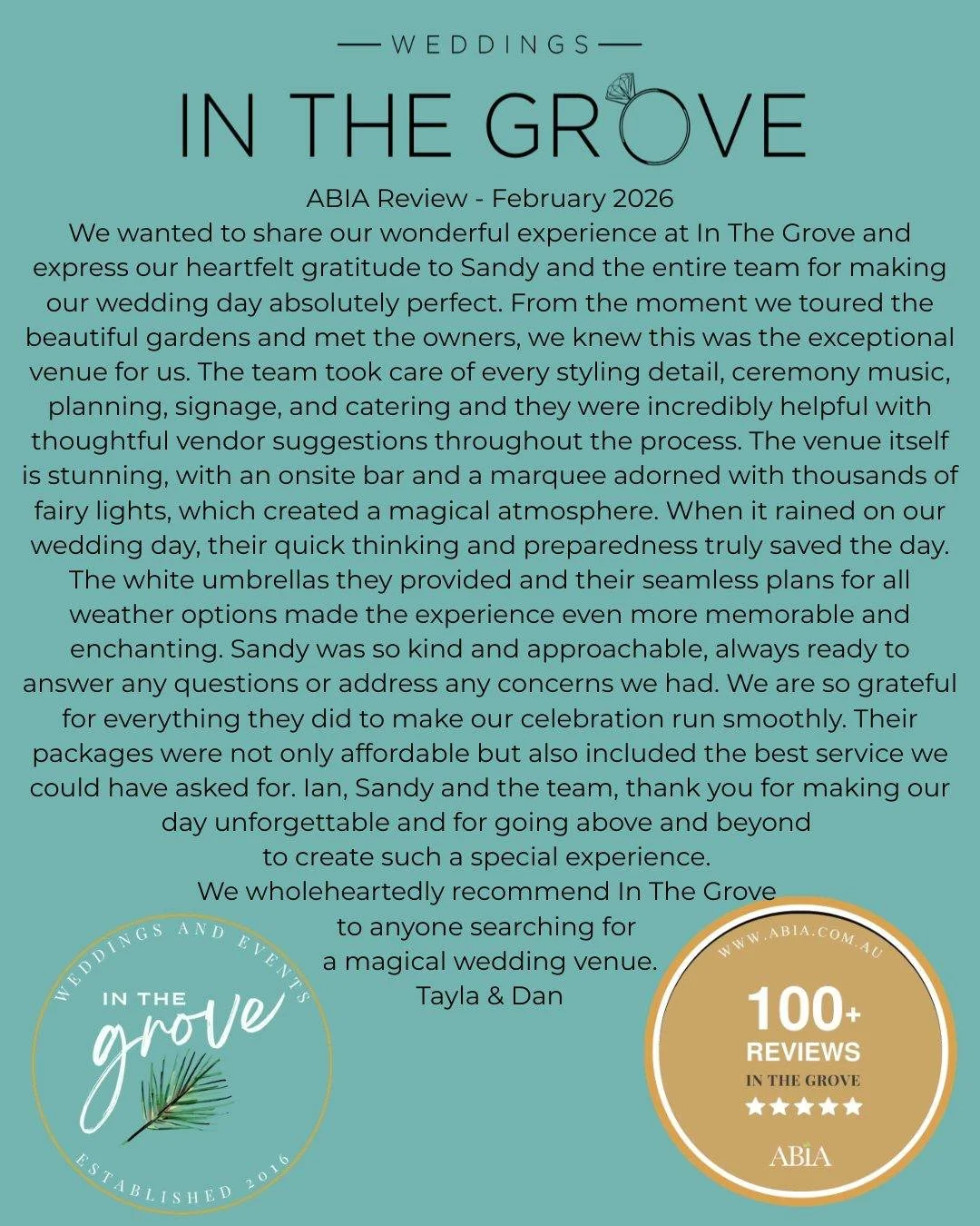 Rainy wedding days at In The Grove just hit differently 🤍
Tayla &amp; Dan trusted our team to manage every detail &mdash; styling, ceremony music, signage, catering coordination and full planning support.
When the rain arrived, our wet-weather plan 