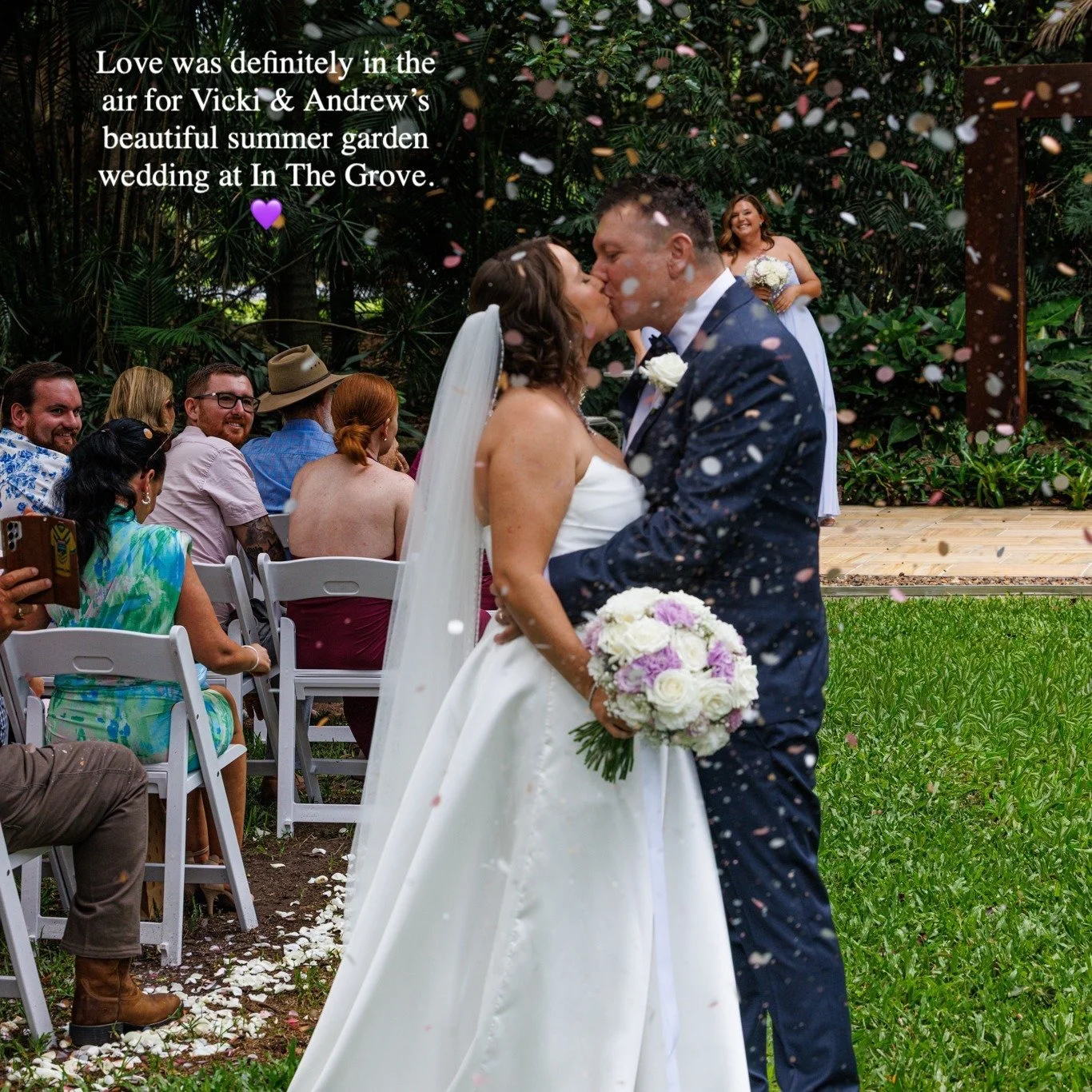 Vicki &amp; Andrew celebrated their gorgeous lilac summer wedding at In The Grove Wedding &amp; Events Venue in Bundaberg, surrounded by lush gardens, heartfelt moments and the people they love most.
From the romantic outdoor ceremony to the beautifu