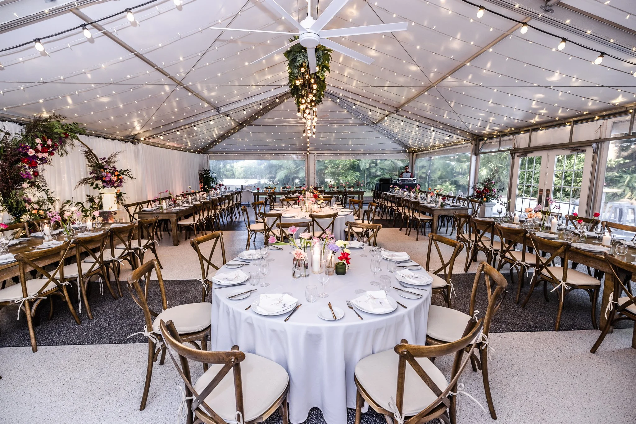 Styled wedding reception inside the all-weather marquee at In The Grove, Bundaberg
