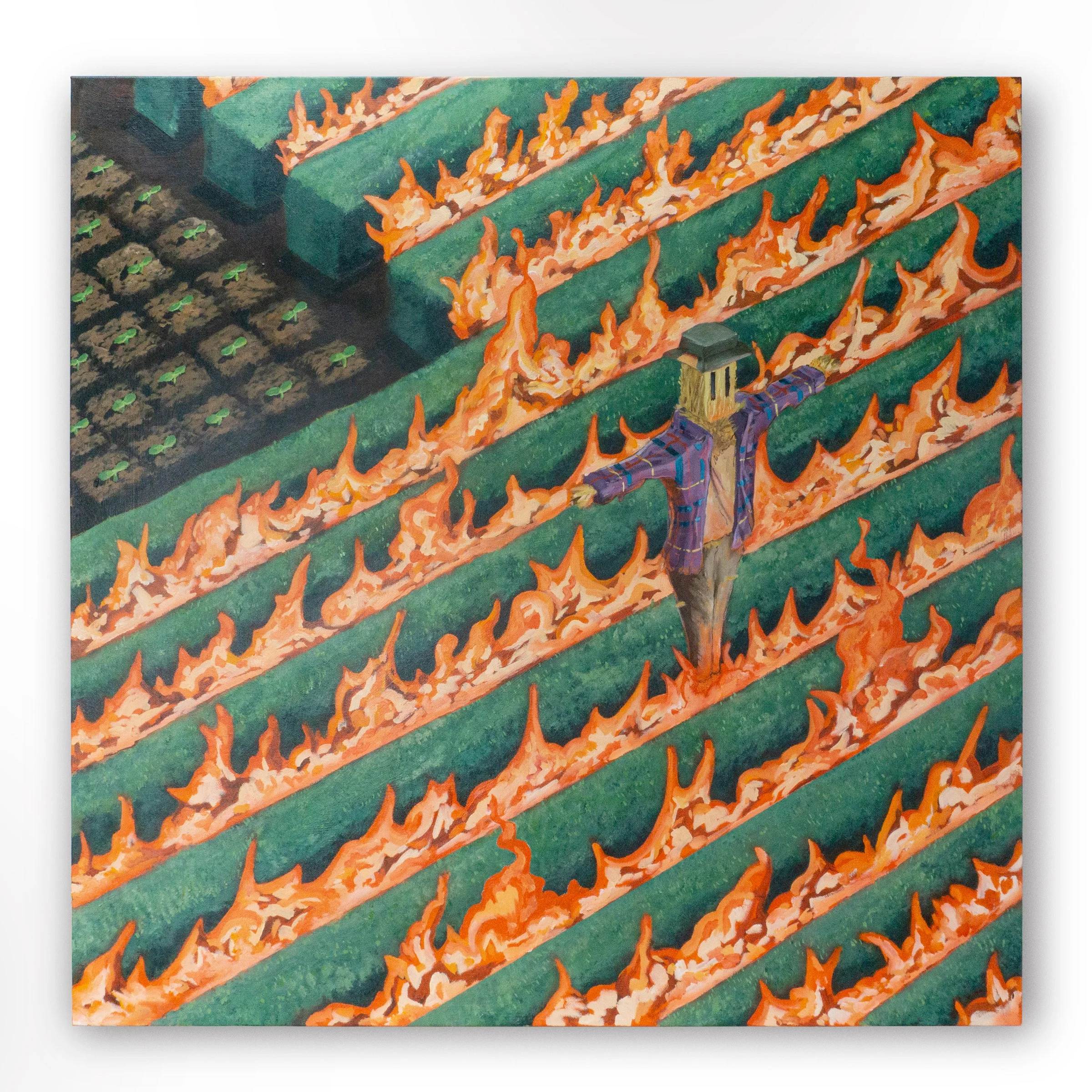 A painting of the Christ the Redeemer statue on fire among rows of burning green fields.