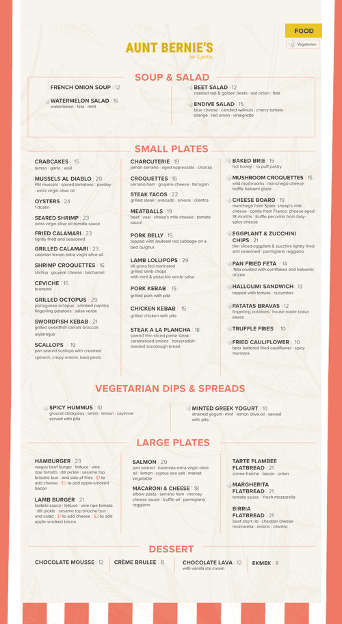 Dinner Menu — Aunt Bernie's