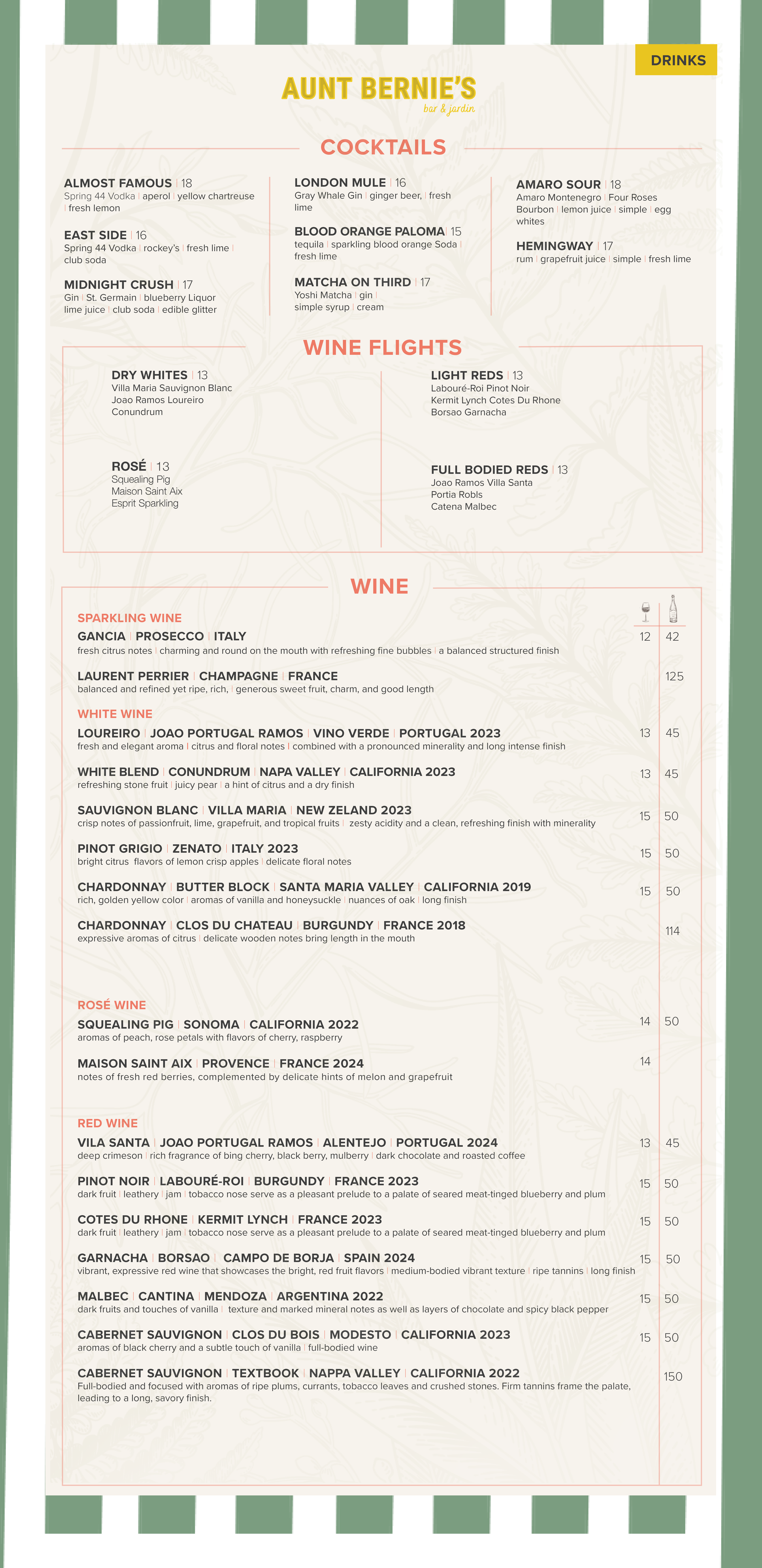 Menu from Aunt Bernie's Bar & Garden featuring cocktails, wine flights, and wines, with sections for various drink options and descriptions.