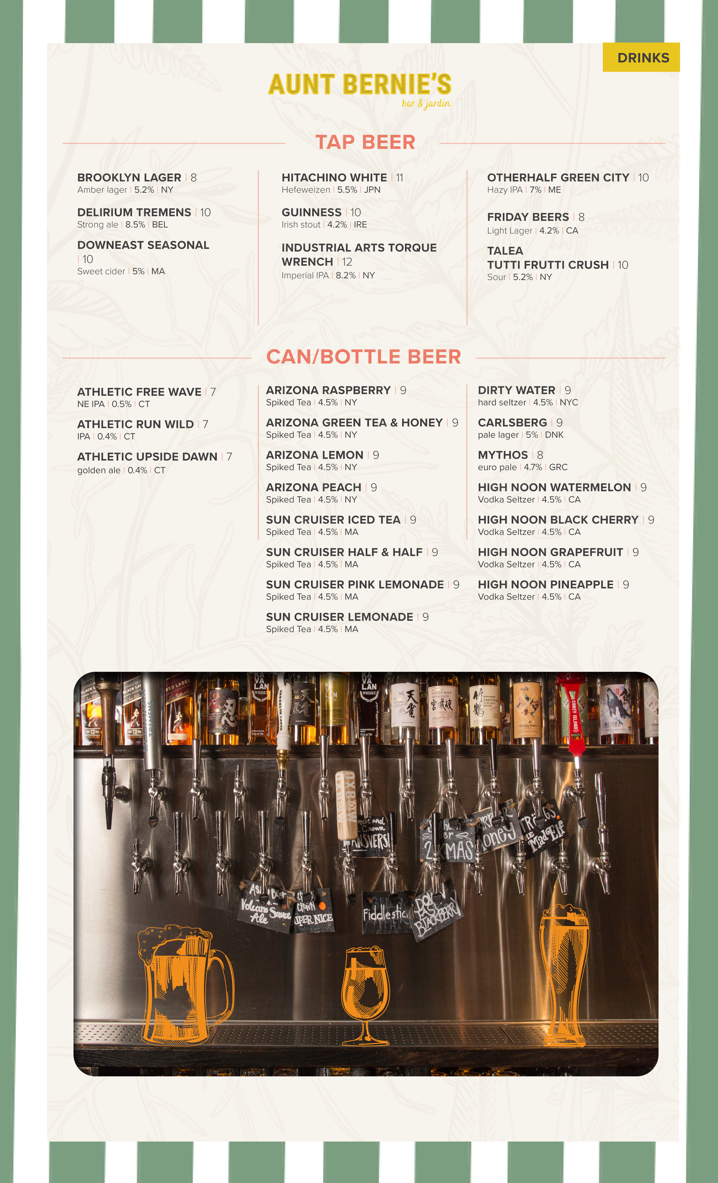 A bar menu from Aunt Bernie's bar & garden listing various tap and bottle beers with their prices and descriptions, and an image of beer pouring from taps on a bar counter, with illustrated beer mugs and glasses overlayed.