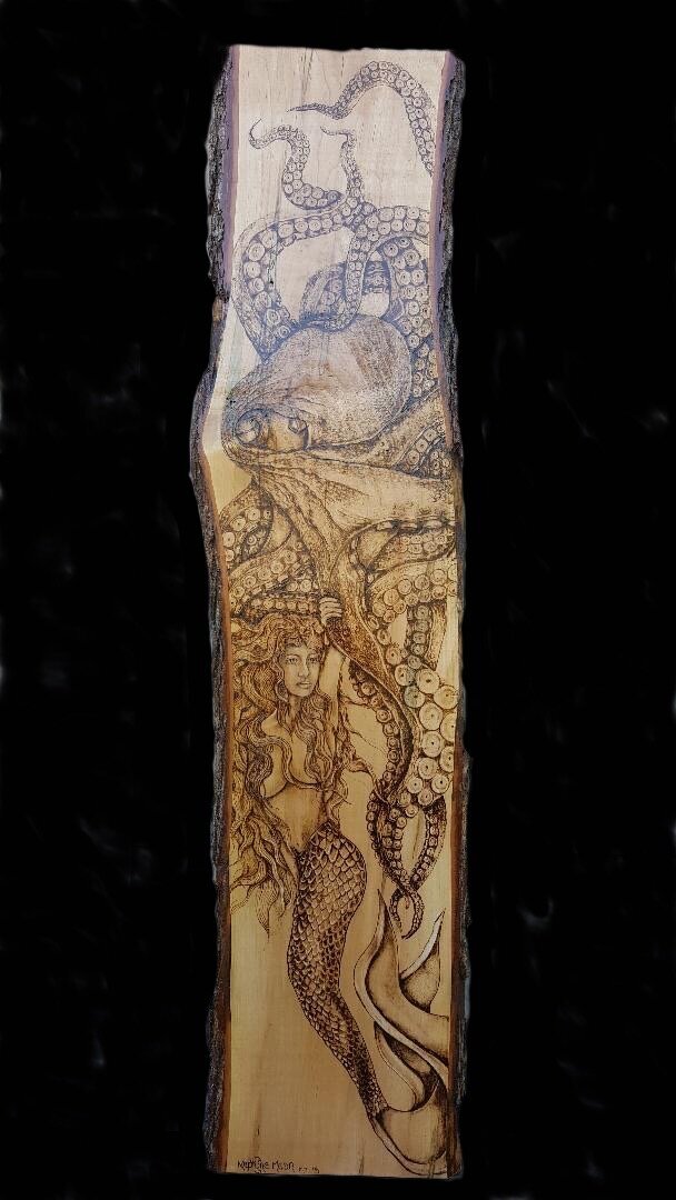 Wood slab "Mermaid & Octopus"
