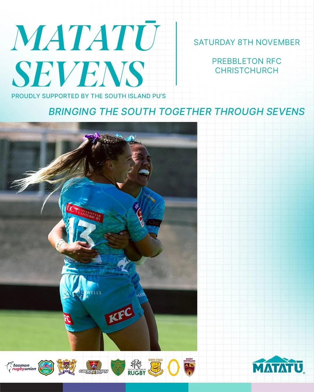 Matatū Sevens! We are here!

Tomorrow, at Prebbleton Rugby Club, catch the South Islands incredible wāhine talent in action. Fast paced footy, good vibes, delicious eats, and Matatū merch on sale, what more could you want?

📍Prebbleton Rugby Club
🕚