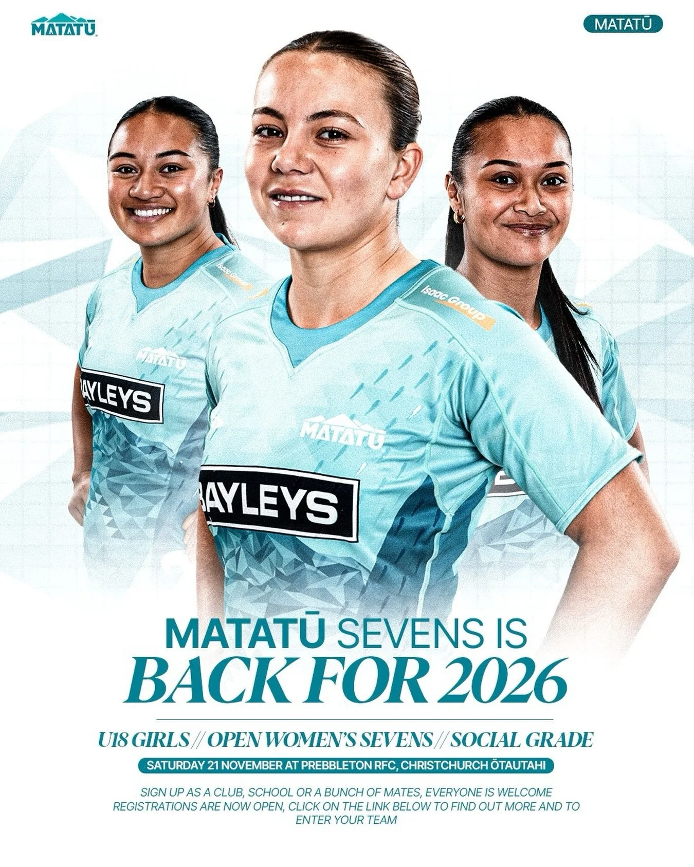 That&rsquo;s Right! Matatū Sevens is BACK for 2026

Matatū Sevens is a Women and Girls Sevens tournament is being held on Saturday 21 November @ Prebbleton RFC,&nbsp;Christchurch. You can sign up as a club, school or a bunch of mates, everyone is wel