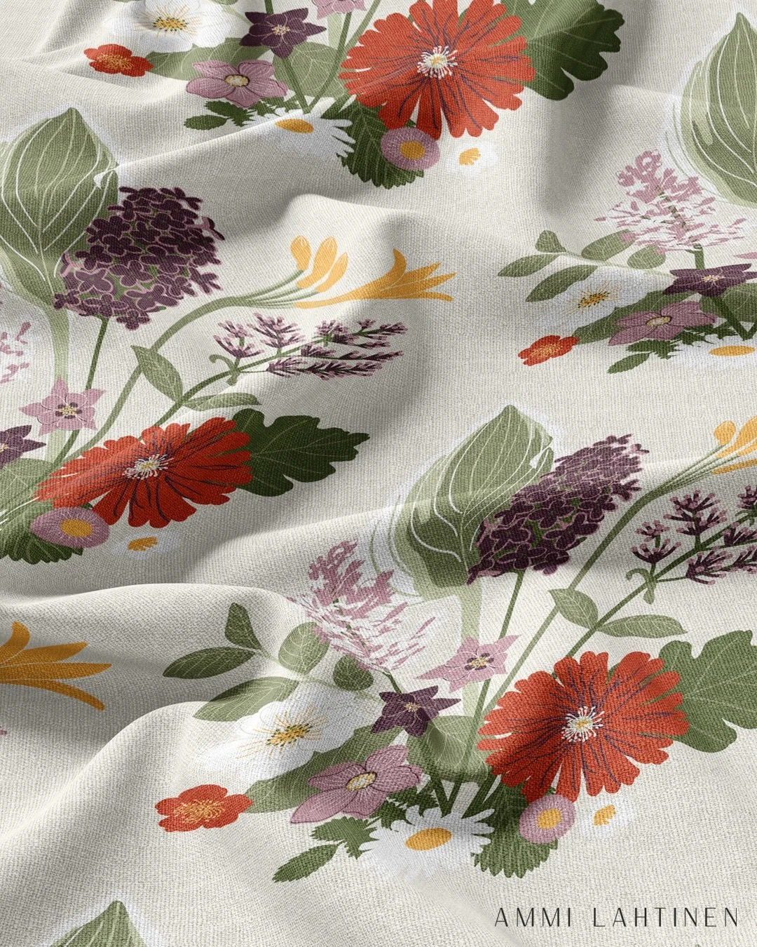 Kes&auml; kukassa -kuosini on syntynyt v&auml;reist&auml;, valosta ja puutarhasta 🎨☀️🌸

Kuvio on luonnosteltu oikeilla kukilla. Olen jo yli kymmenen vuoden ajan toteuttanut Instagram-kuvaprojektia, jossa ker&auml;&auml;n &auml;itini puutarhasta nel