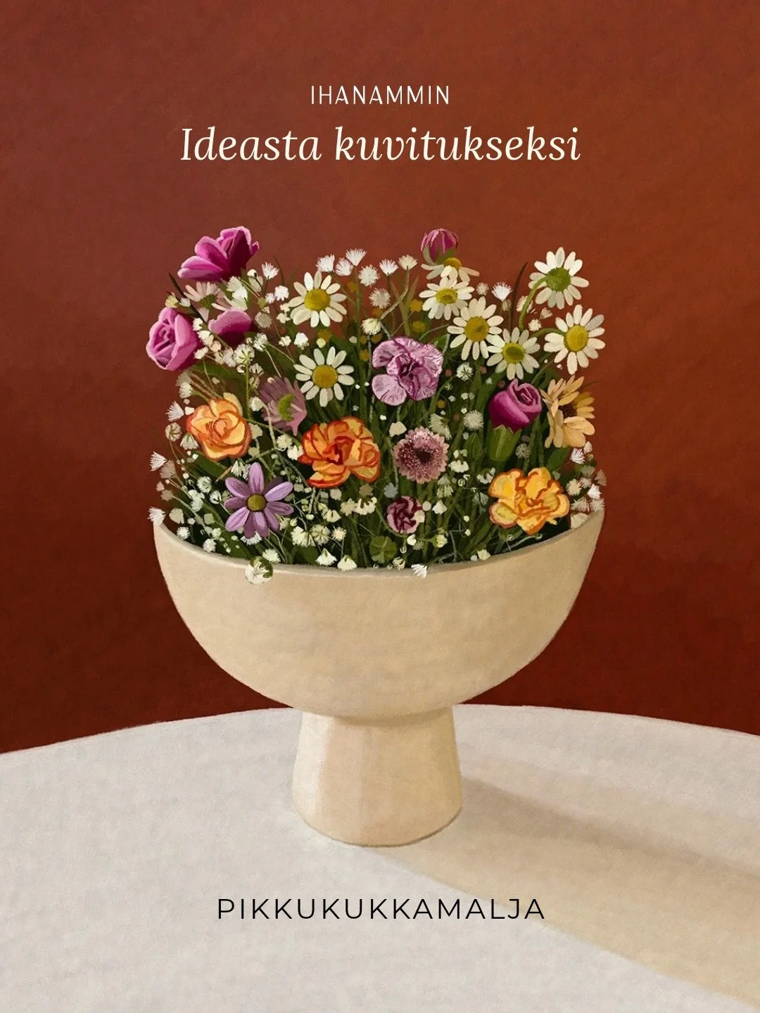 Miten Pikkukukkamalja-korttien kuvitus syntyi:

Pidin viime kev&auml;&auml;n&auml; yst&auml;v&auml;ni polttareissa seurueellemme kukkaseppelepajan 🌸

Ylij&auml;&auml;neist&auml;, niin sanotusti ehjist&auml; ja pitk&auml;vartisista kukista tehtiin vi