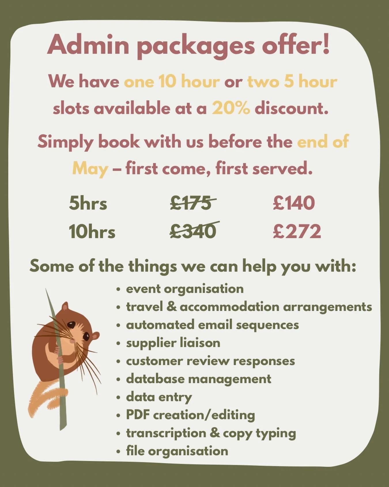 We&rsquo;re offering a 20% discount on admin packages if you book before the end of May!

Shall we count you in? 

Link in bio 🔗