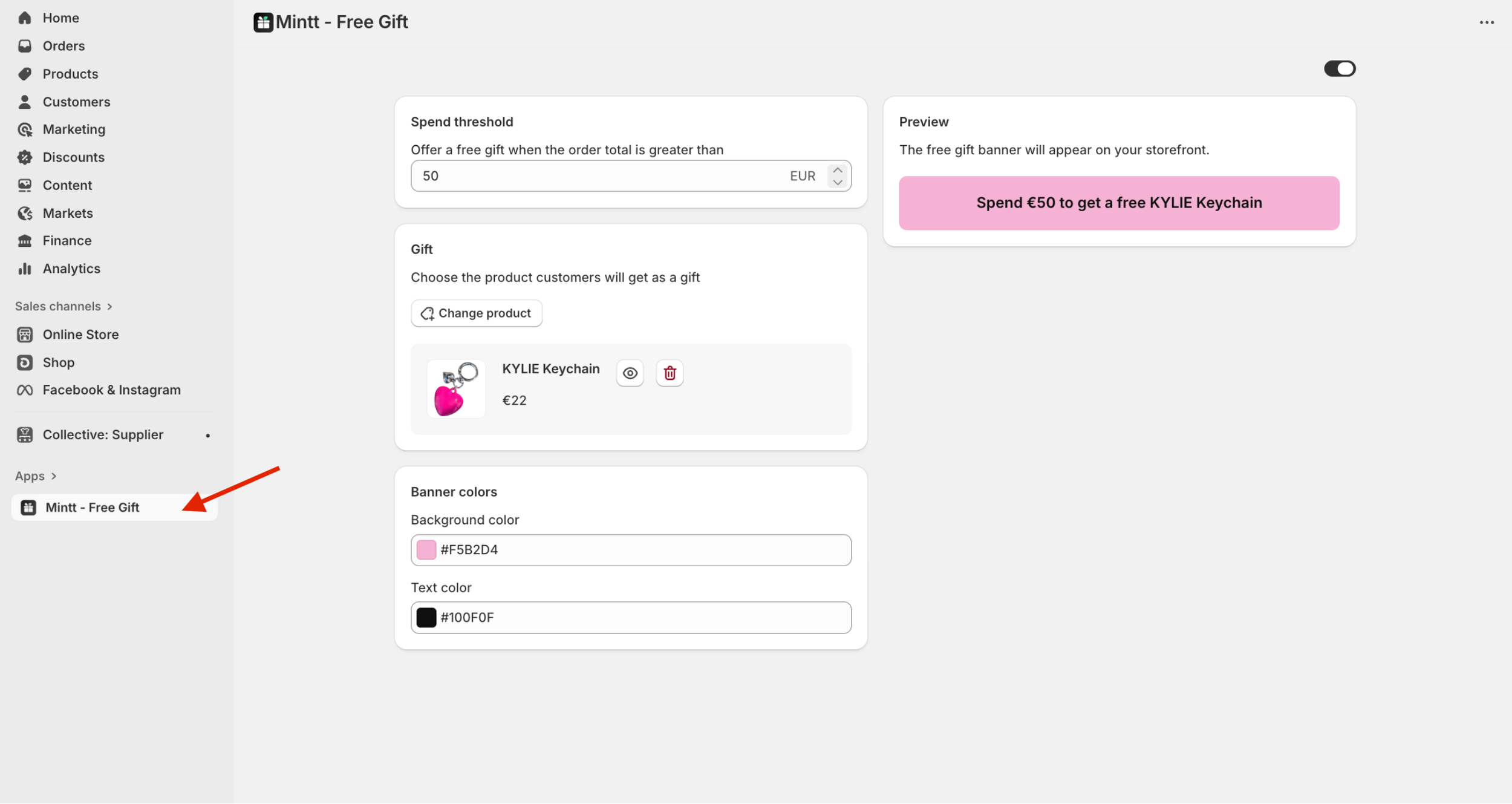 Screenshot of Mintt - Free Gift UI admin on Shopify.