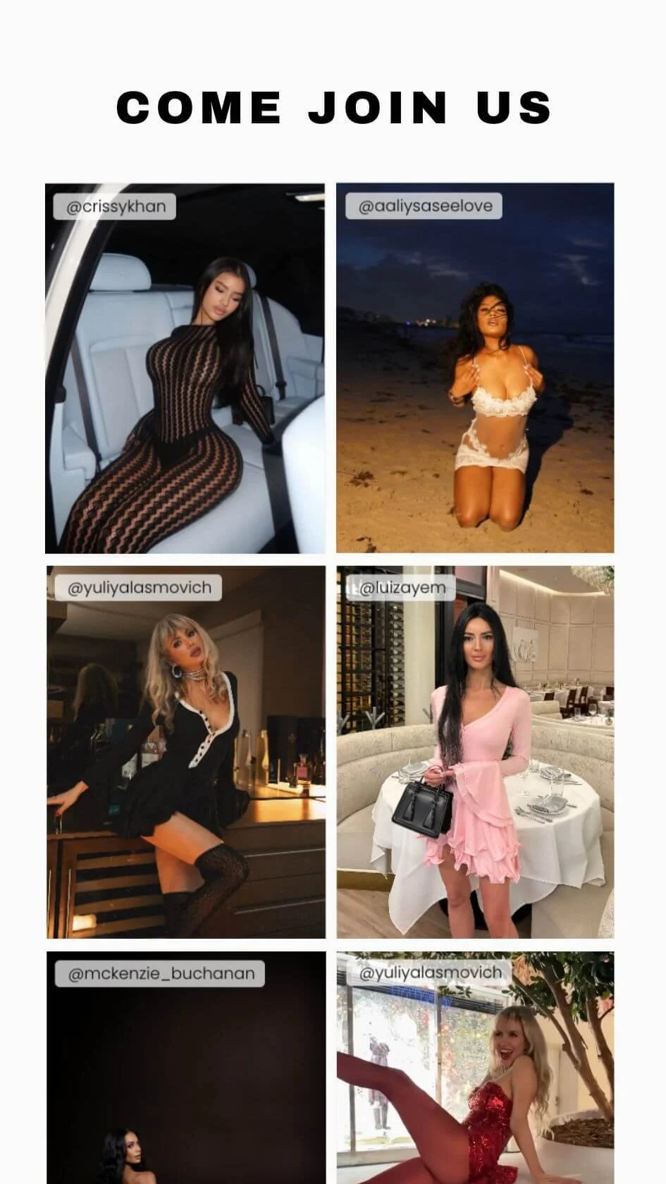 Instagram feed in a grid format showing 6 posts on a mobile device, with the title Come Join Us above it. Powered by Instafeed app.