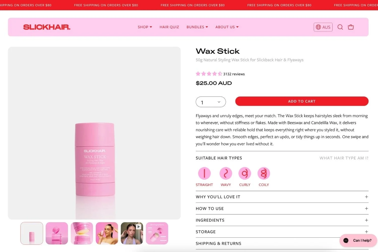 Product page for Slickhair wax stick showing product images, price, customer reviews, and usage instructions.