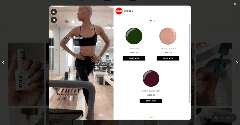 Shoppable video pop-up on DND Gel website