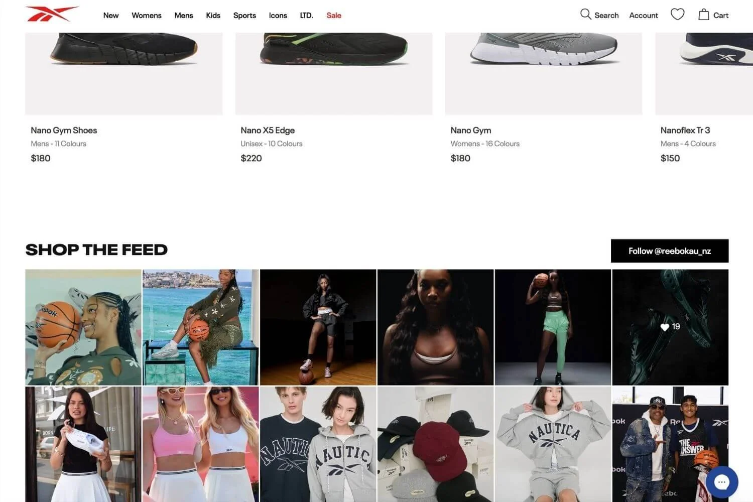 Instagram feed powered by Mintt - Instafeed, shown on the Reebok homepage.