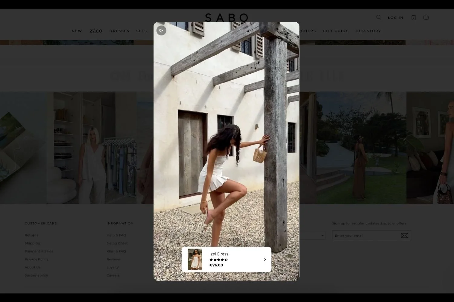 Shoppable Instagram post featuring a women wearing a white dress, shown on the Sabo storefront. Powered by Mintt - Instafeed.