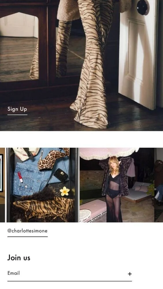 Instagram feed powered by Instafeed by Mintt Studio on Charlotte Simone storefront on mobile, showing a grid of lifestyle images.