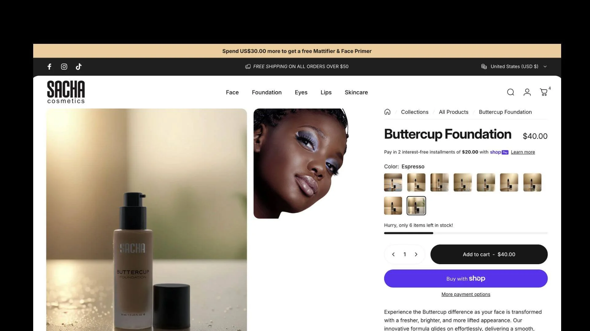 Progress bar at the top of a Shopify skincare store indicating progress toward receiving a free gift.