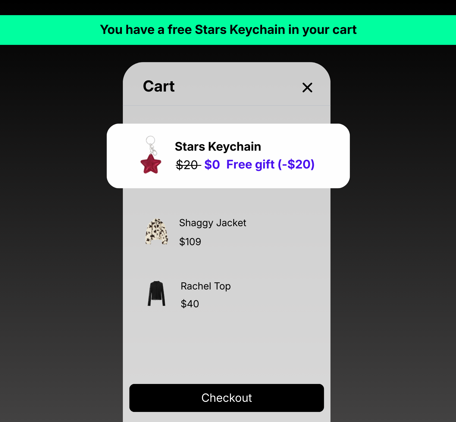 Image of a shopping cart with a free gift and two products, and a free gift bar at the top with a free gift message.