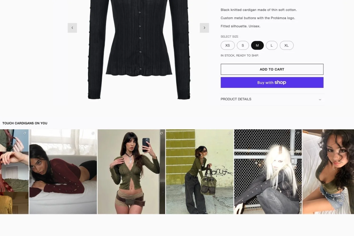Product page for clothing brand Protemoa, featuring a UGC Instagram feed to inspire trust through social proof.