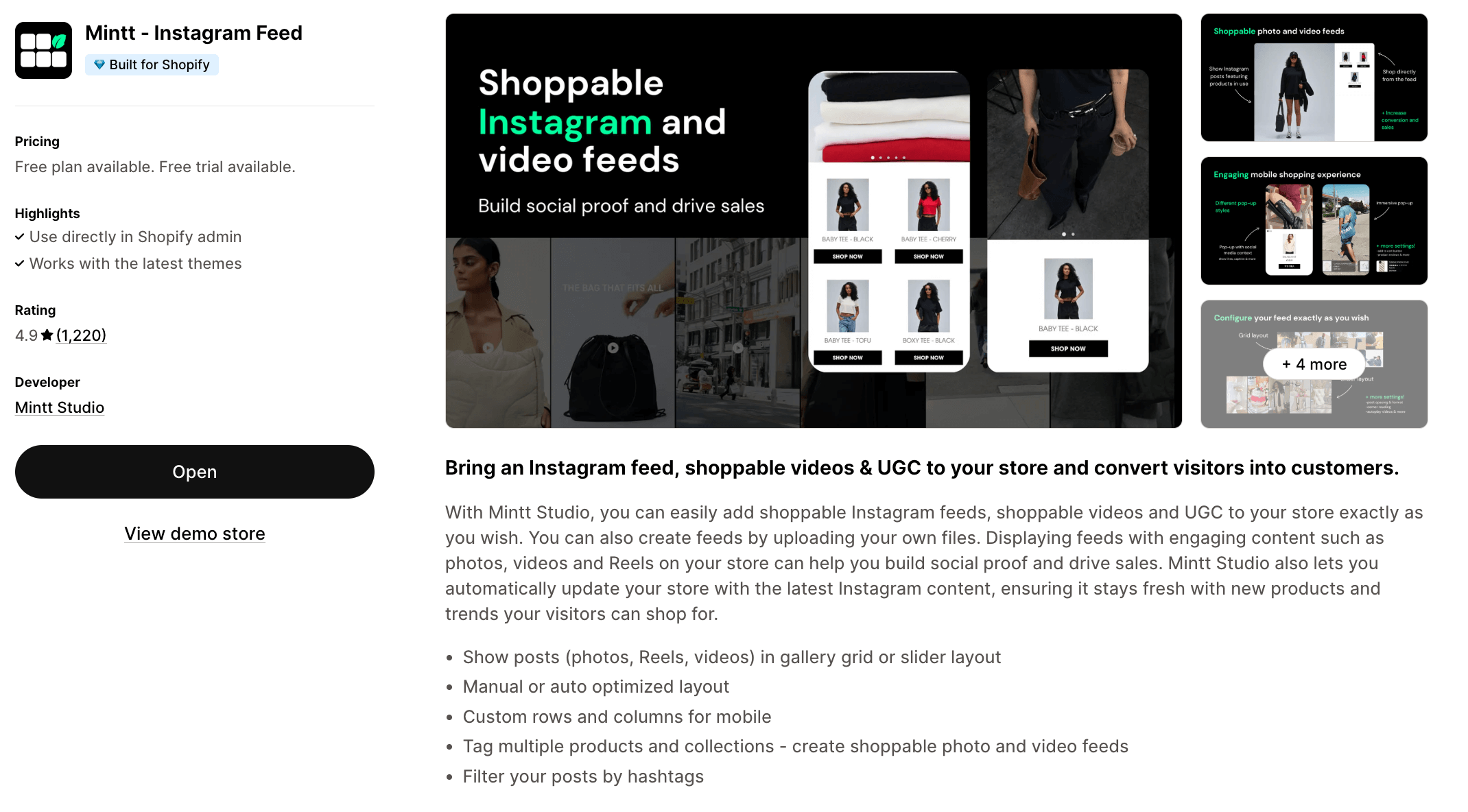Screenshot of Mintt Studio Shopify app listing showing app icon, description, screenshots, and rating on the Shopify App Store.