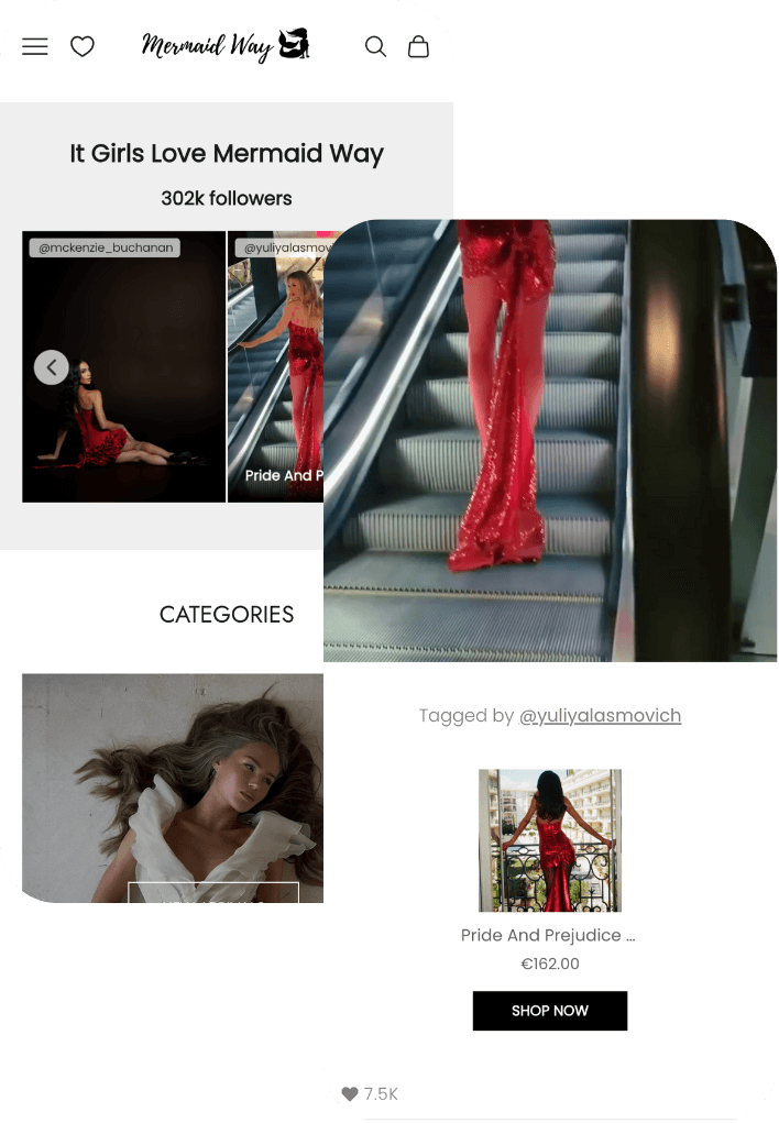 Two Instagram lifestyle posts on mobile showing tagged Shopify products, displayed using Instafeed - Instagram Feed app.