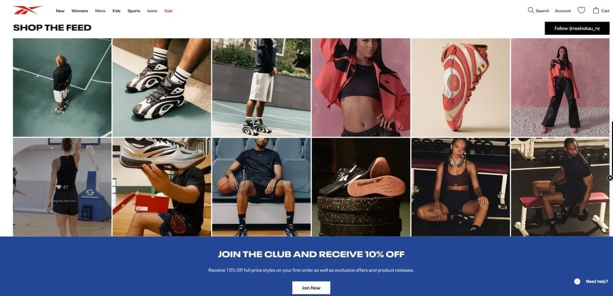 Reebok Australia homepage with Shopify Instagram feed powered by Mintt Studio