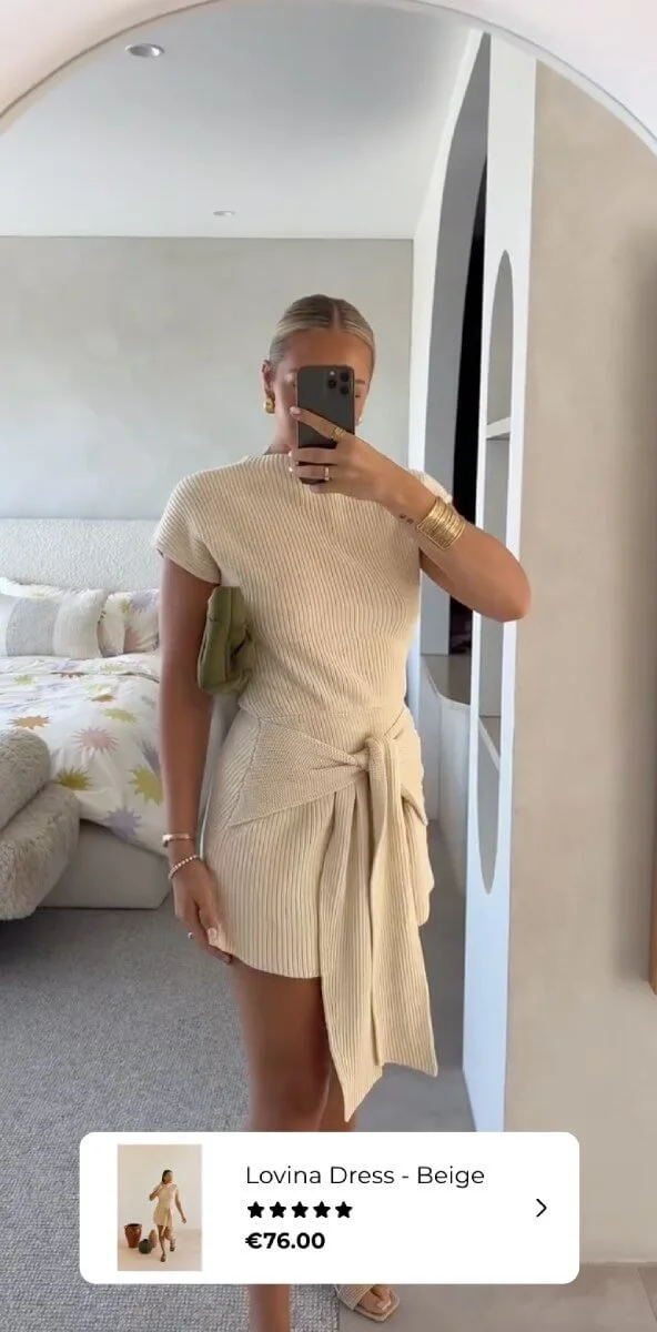 Shoppable Instagram photo showing a women modelling a beige dress, powered by the Instafeed app.