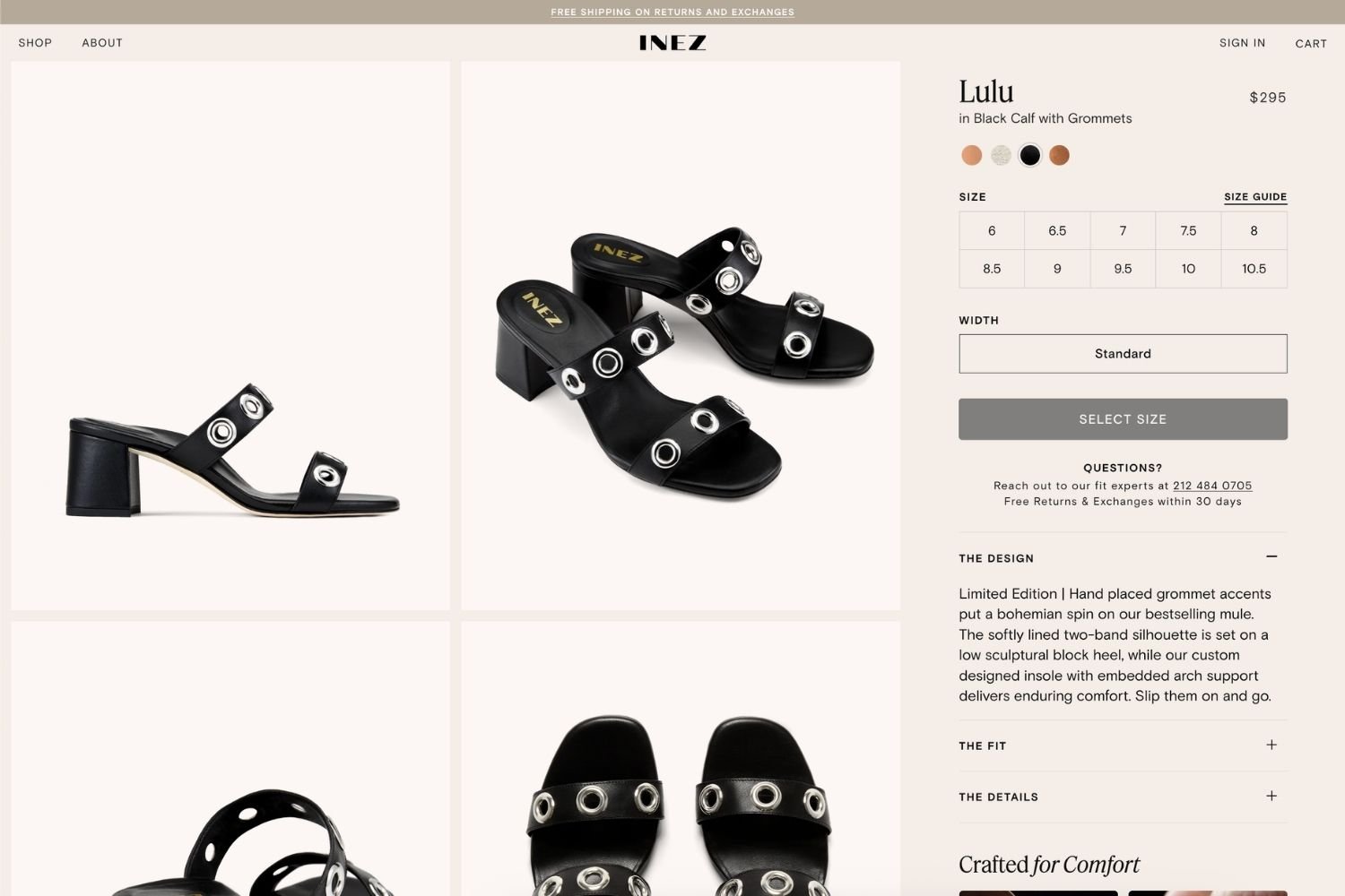 Product page for the footwear brand Inez, showing a pair of black sandals with silver eyelets.