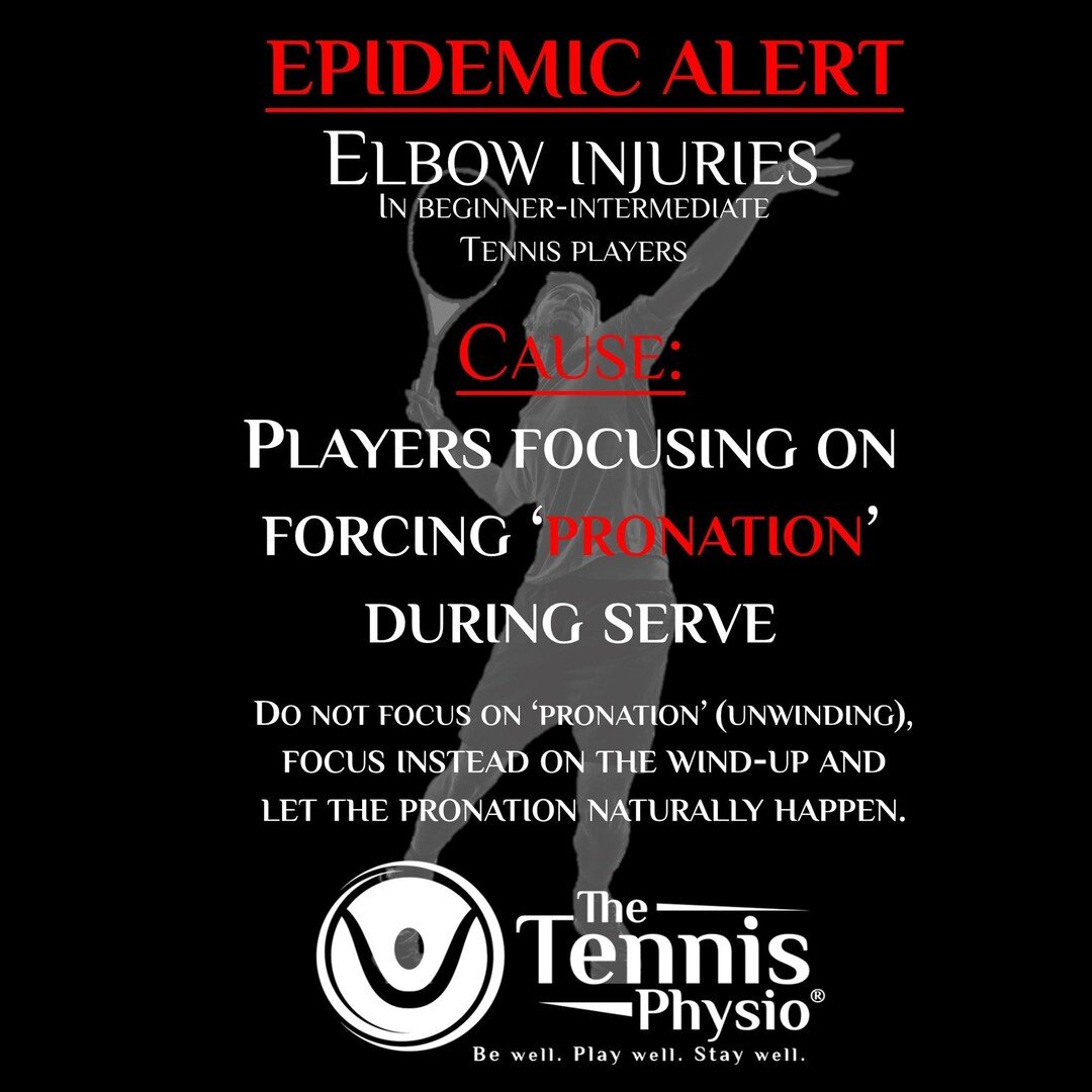 💥Tennis Injury Epidemic Alert: The Elbow💥

🔎Cause: Beginner-Intermediate (UTR 1-6) players forcing PRONATION during the serve action based on some online content they've seen (eg: Youtube) or advice they've been given. 

🎾Pronation is a by-produc