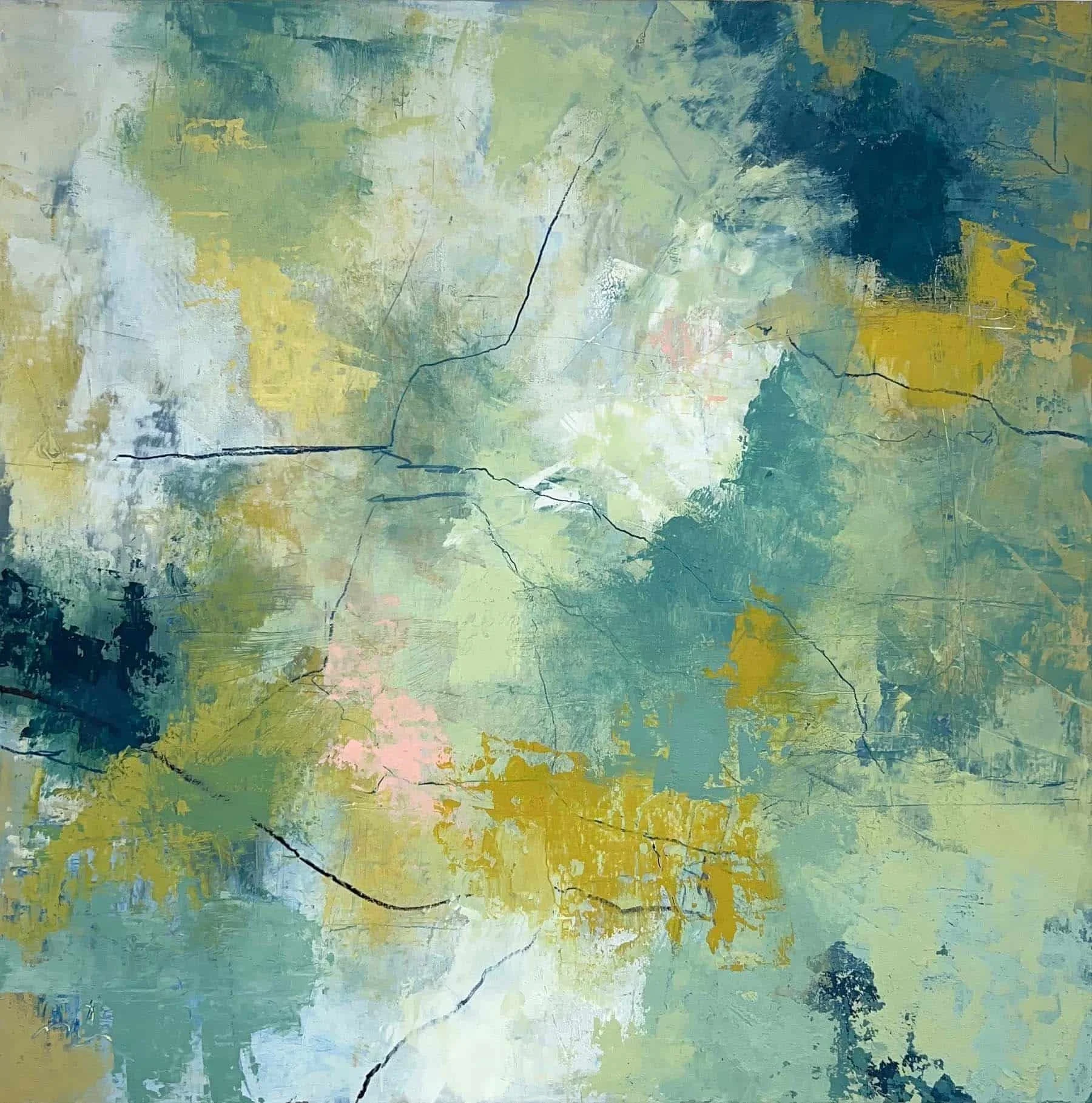 abstract painting in shades of dark teak, light teal, pale green and yellow with fine blue linework