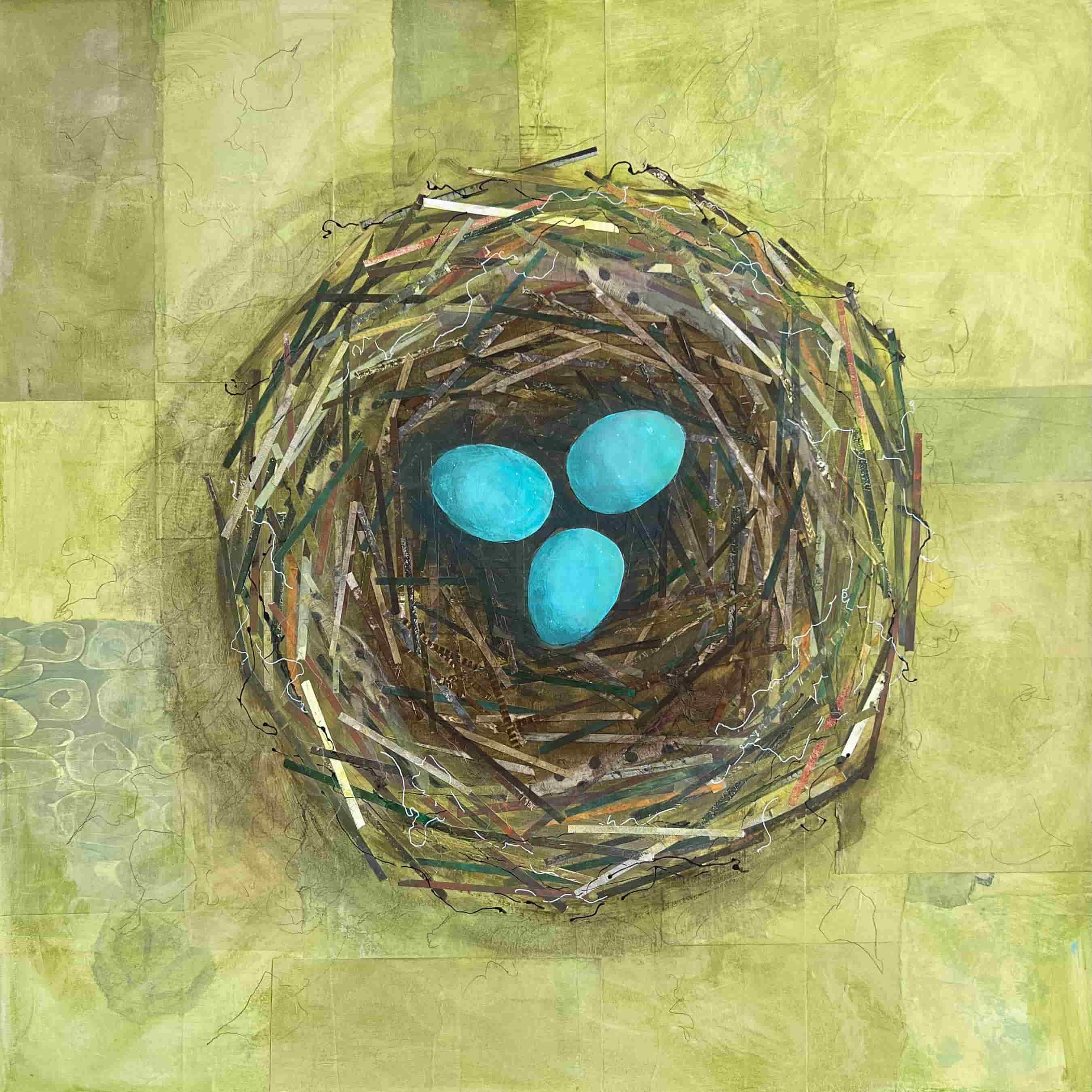 Collage art of a bird's nest with three blue eggs