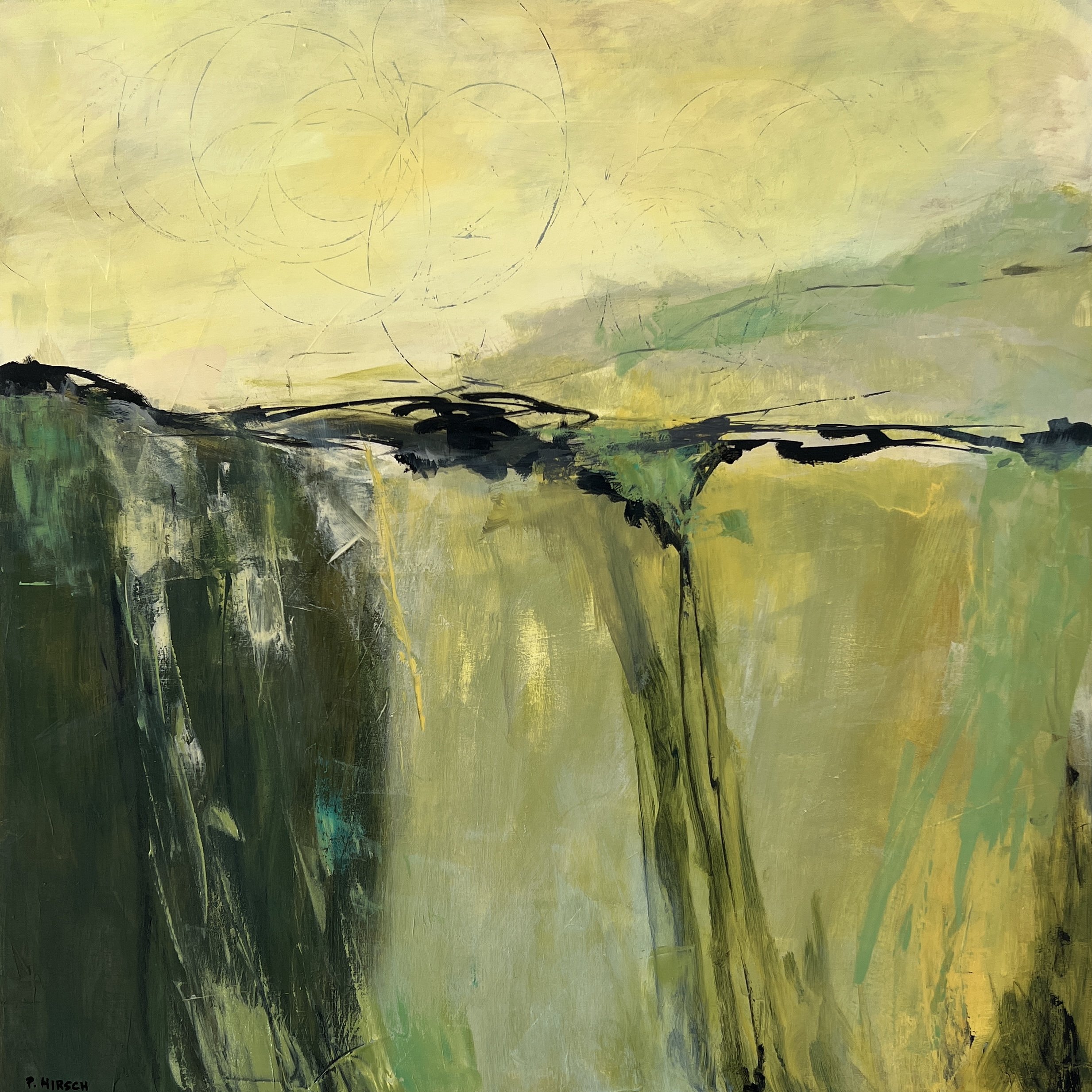 This is an abstract landscape with a yellow sky and green fields.