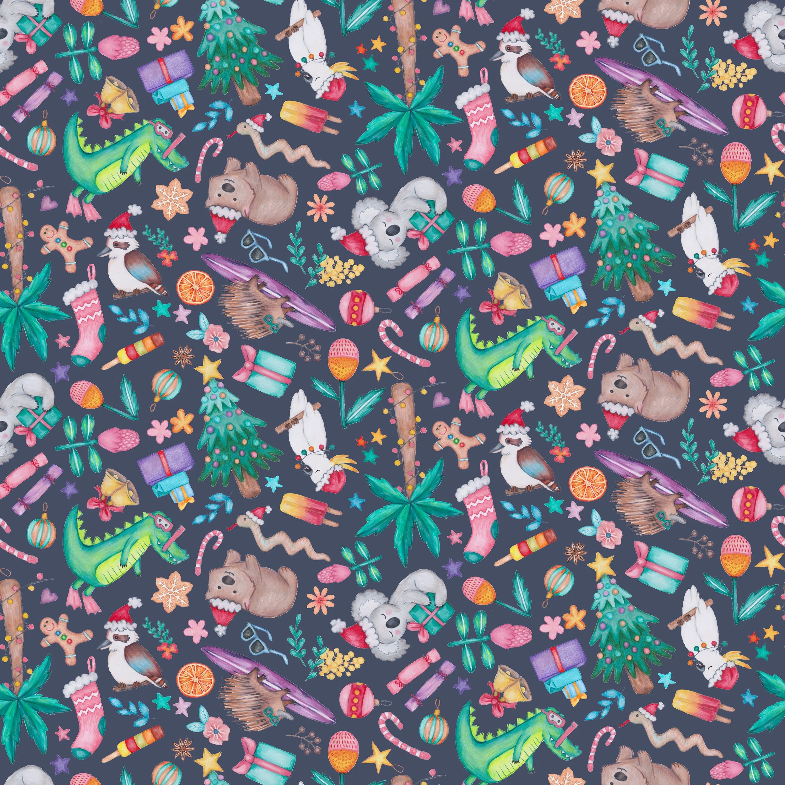 PREORDER - ROUND 31 - SCRUB TOP - 2079 AUSTRALIANA CHRISTMAS TOSS NAVY