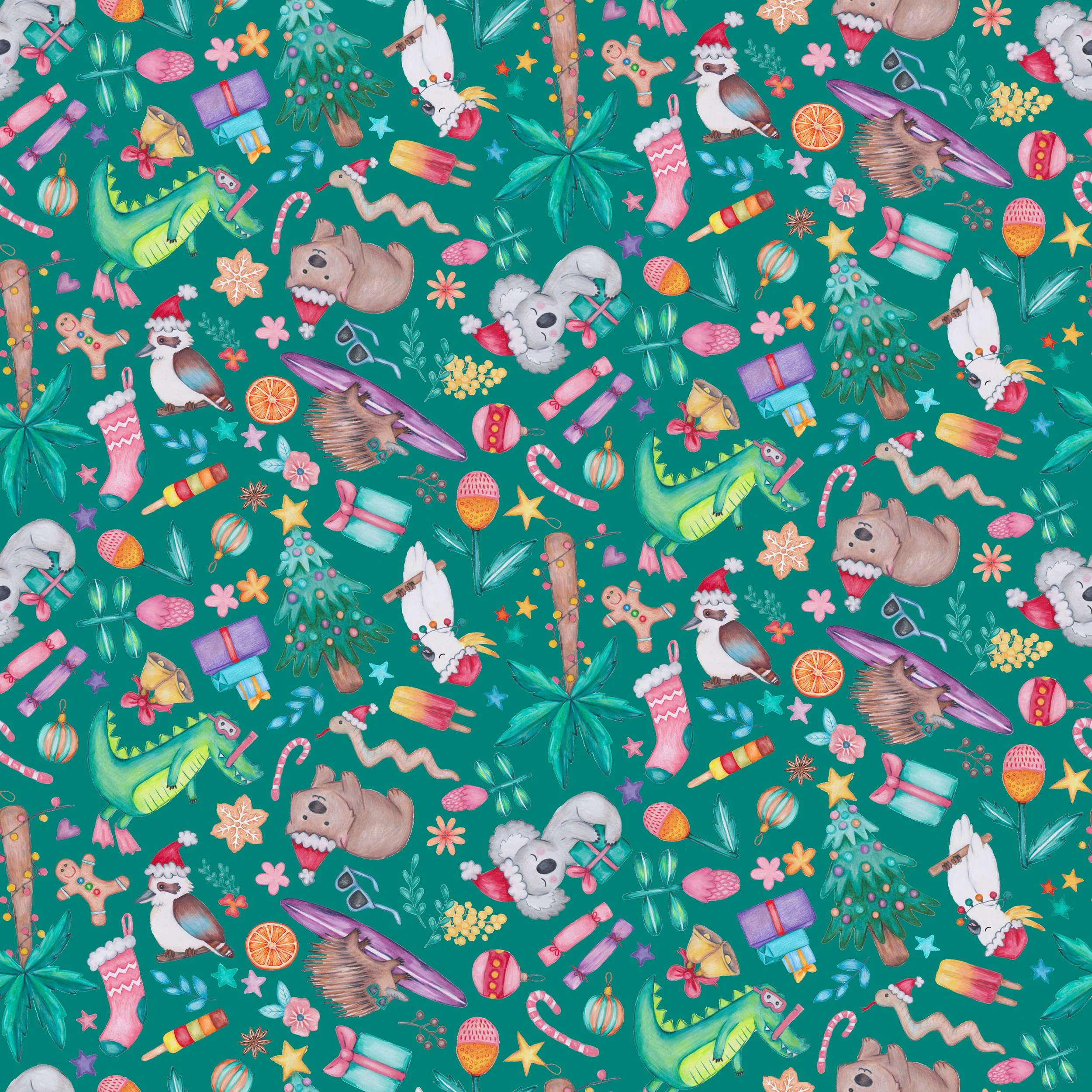 PREORDER - ROUND 31 - SCRUB TOP - 2081 AUSTRALIANA CHRISTMAS TOSS TEAL