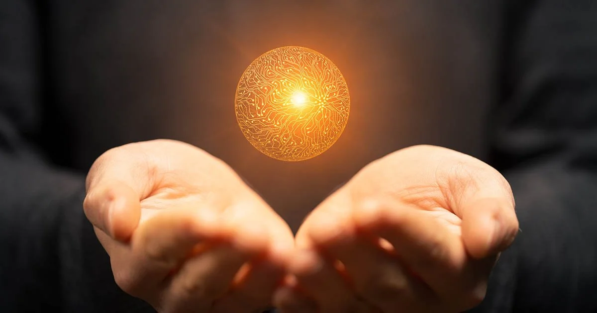 hand holding golden AI globe