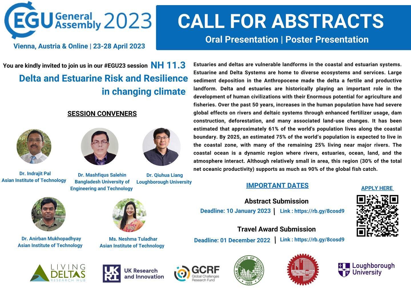 📢 REMINDER Call for Abstracts

@EuroGeosciences General Assembly 2023: NH 11.3 Delta and Estuarine Risk and Resilience in Changing Climate
❗ Deadline 10 Jan (1 Dec for travel award submission)

Link to apply in bio 
#EGU23 #vegu23