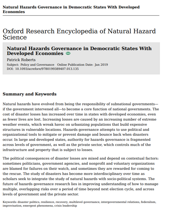 Natural Hazards Governance In Democratic States With Developed
