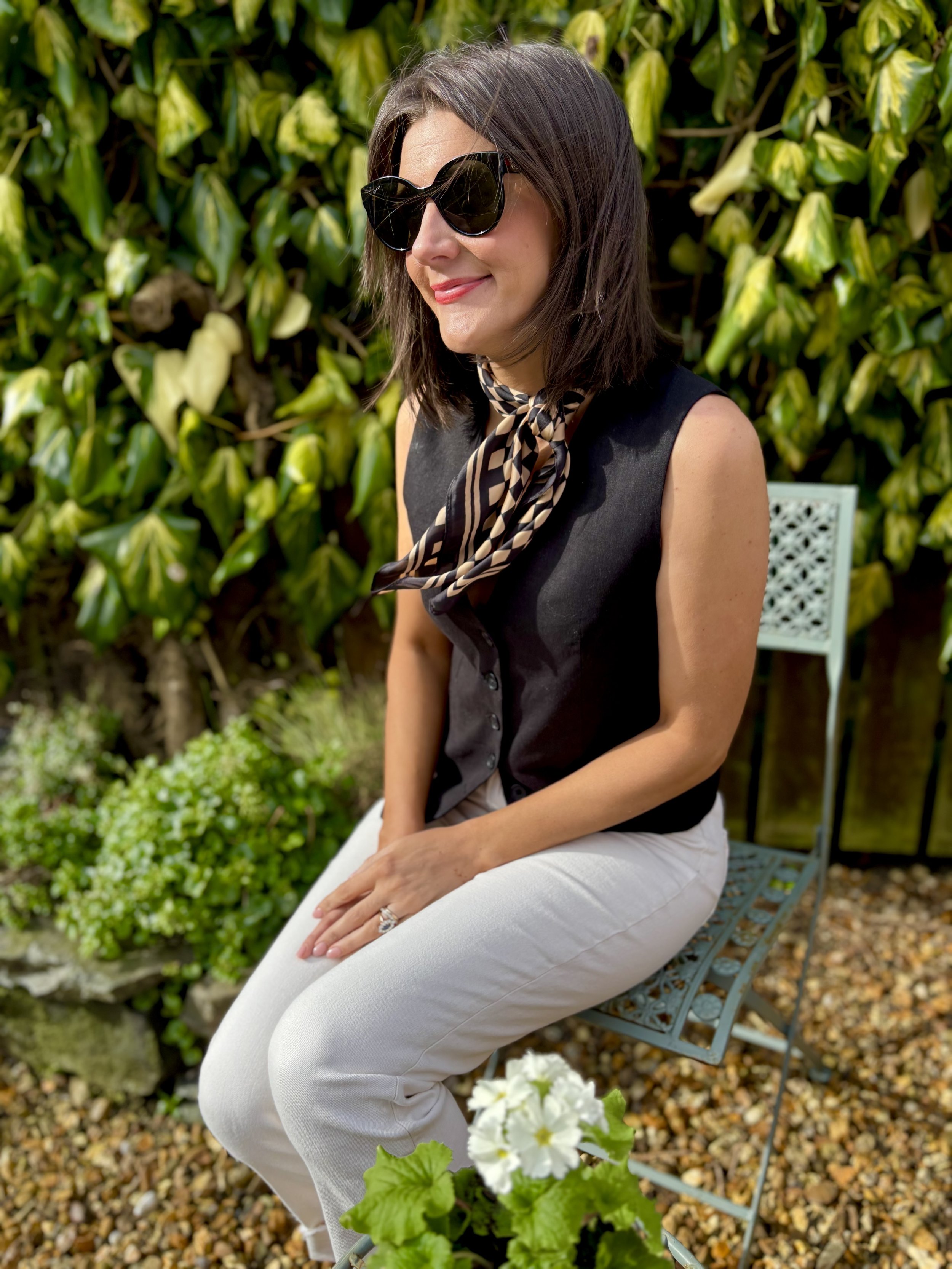 Black and caramel checkerboard print French style back square neck scarf