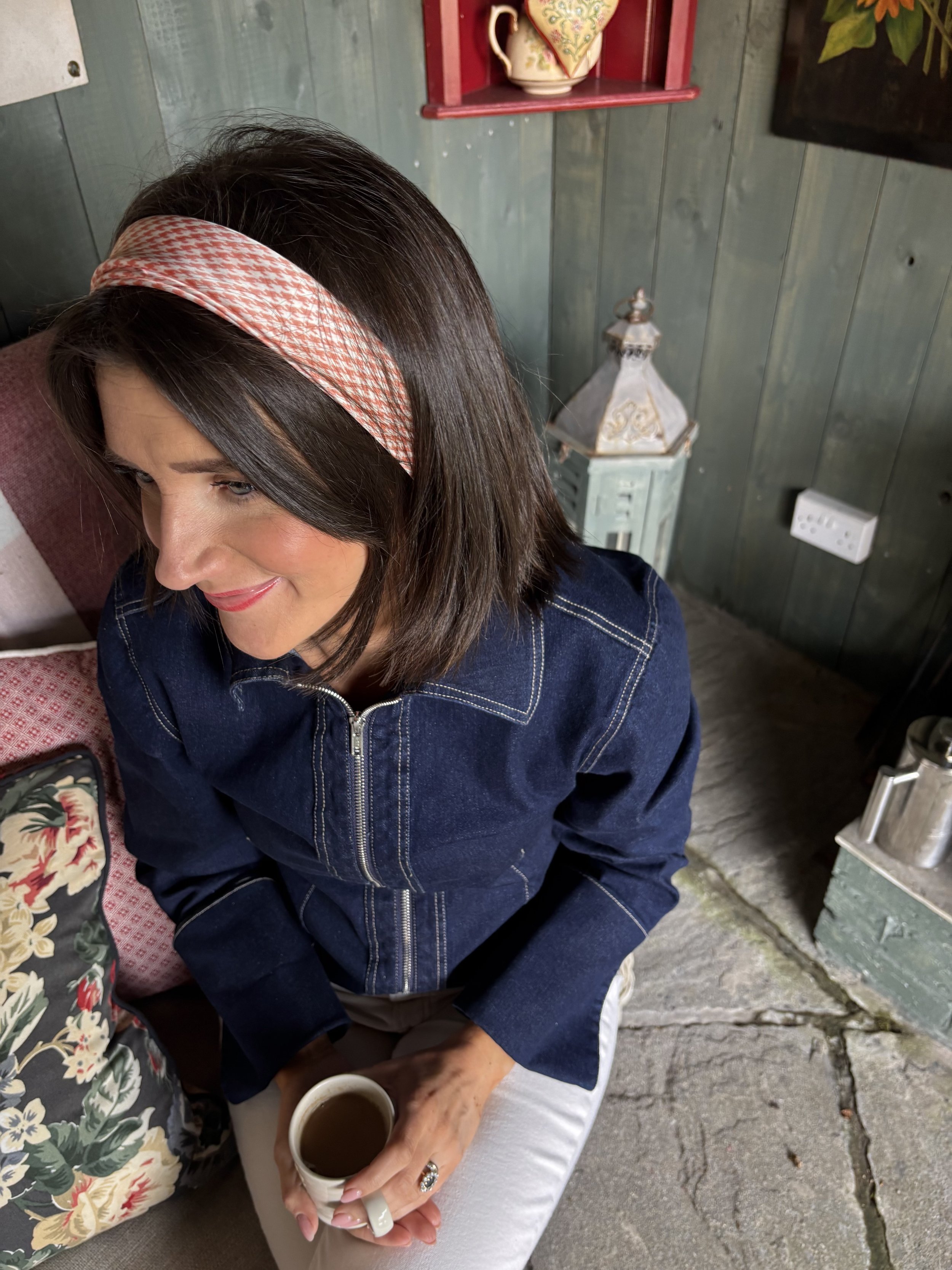 Peach dogtooth print satin touch square neck tie, French bandana style.